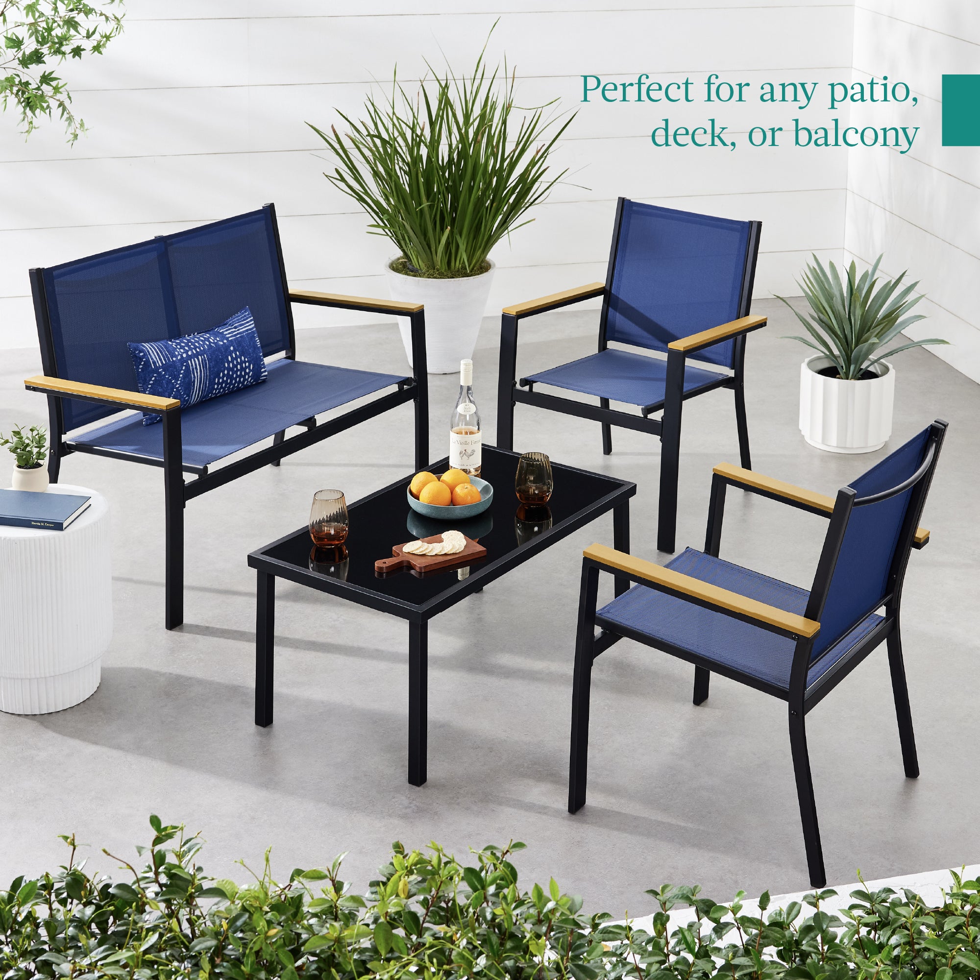 4-Piece Textilene Conversation Set w/ Cushions, Table - Thumbnail 3