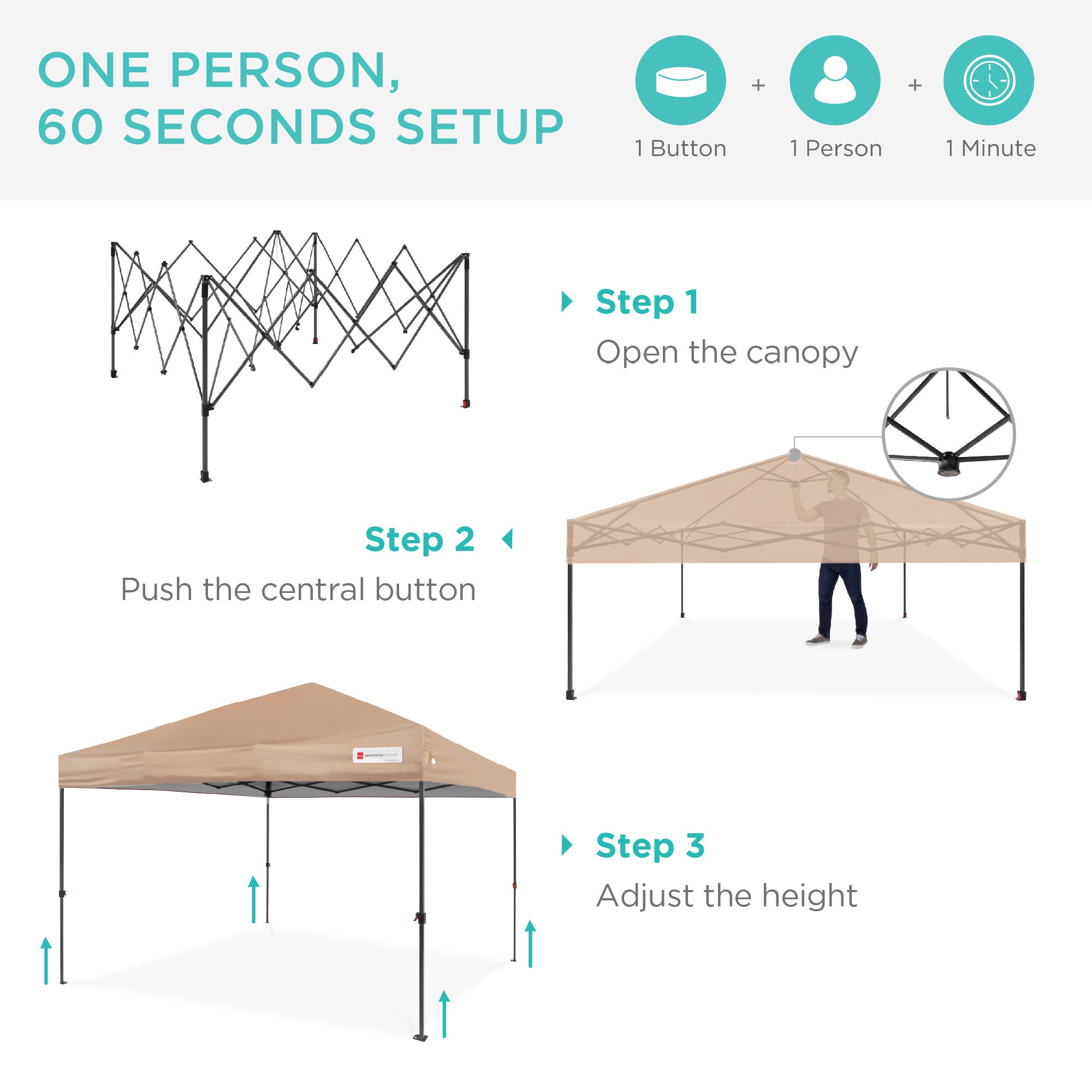 One-Person Setup Instant Pop Up Canopy w/ Case, 4 Weight Bags - 8x8ft