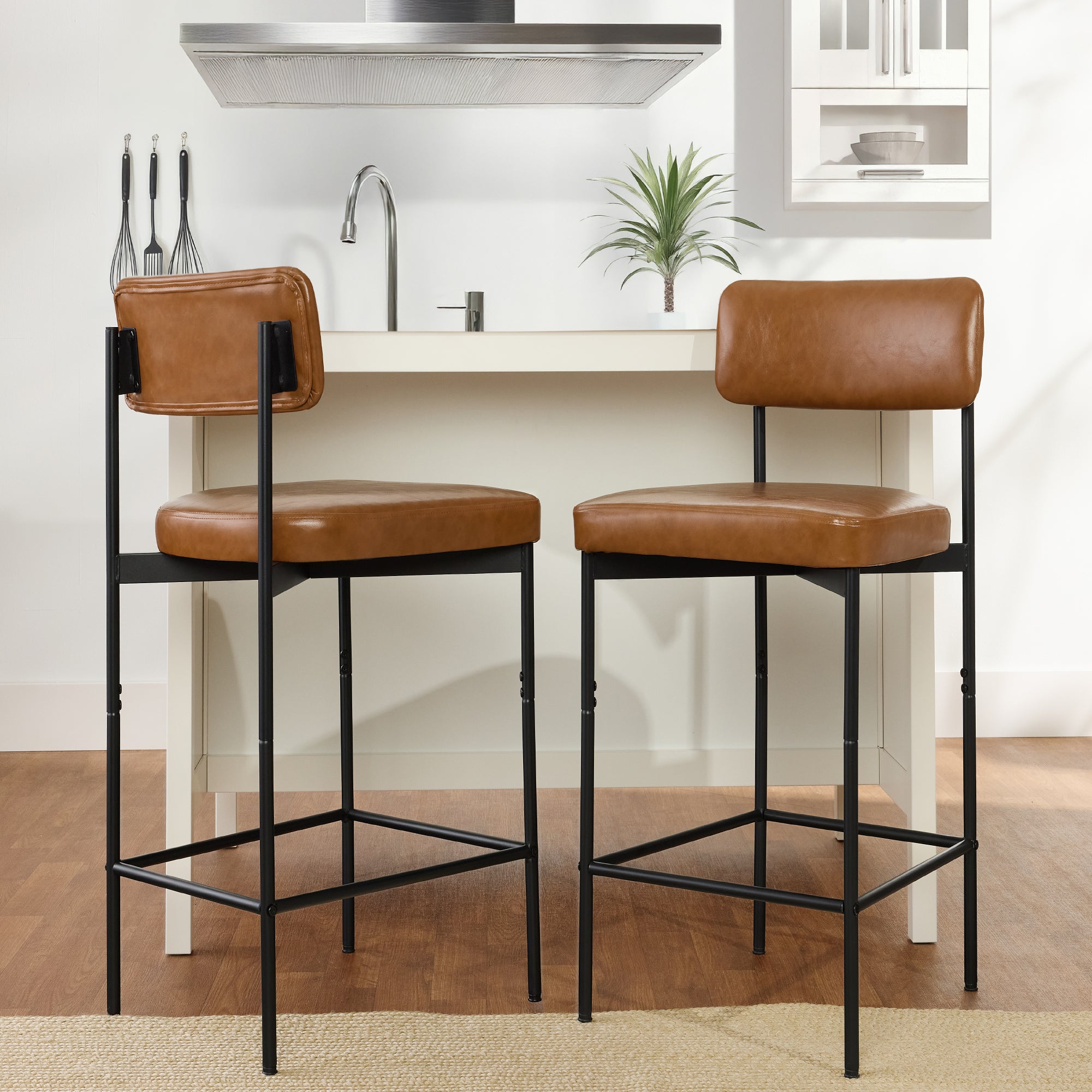 Set of 2 Armless Counter Height Bar Stools, Modern PU Faux Leather Stools