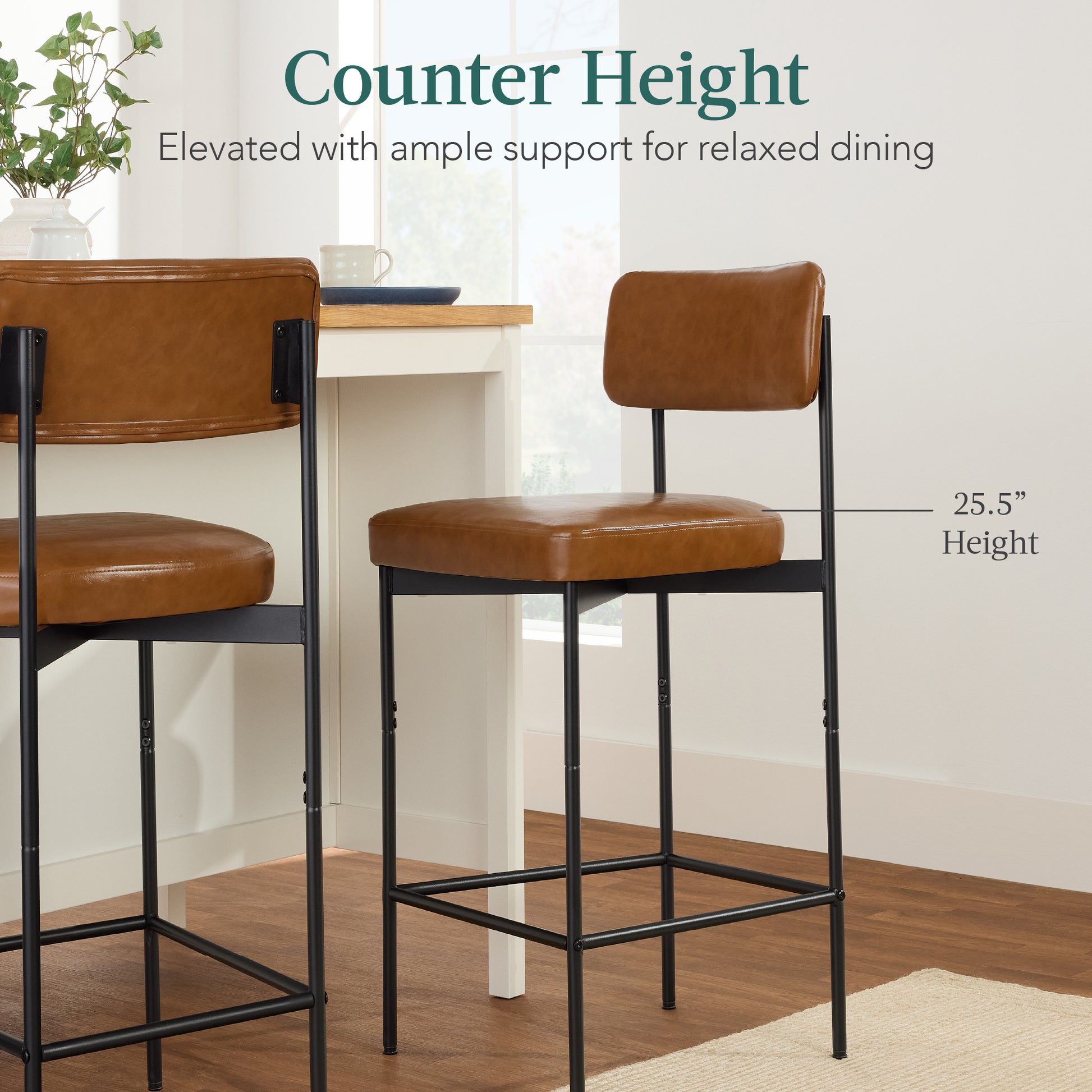 Set of 2 Armless Counter Height Bar Stools, Modern PU Faux Leather Stools