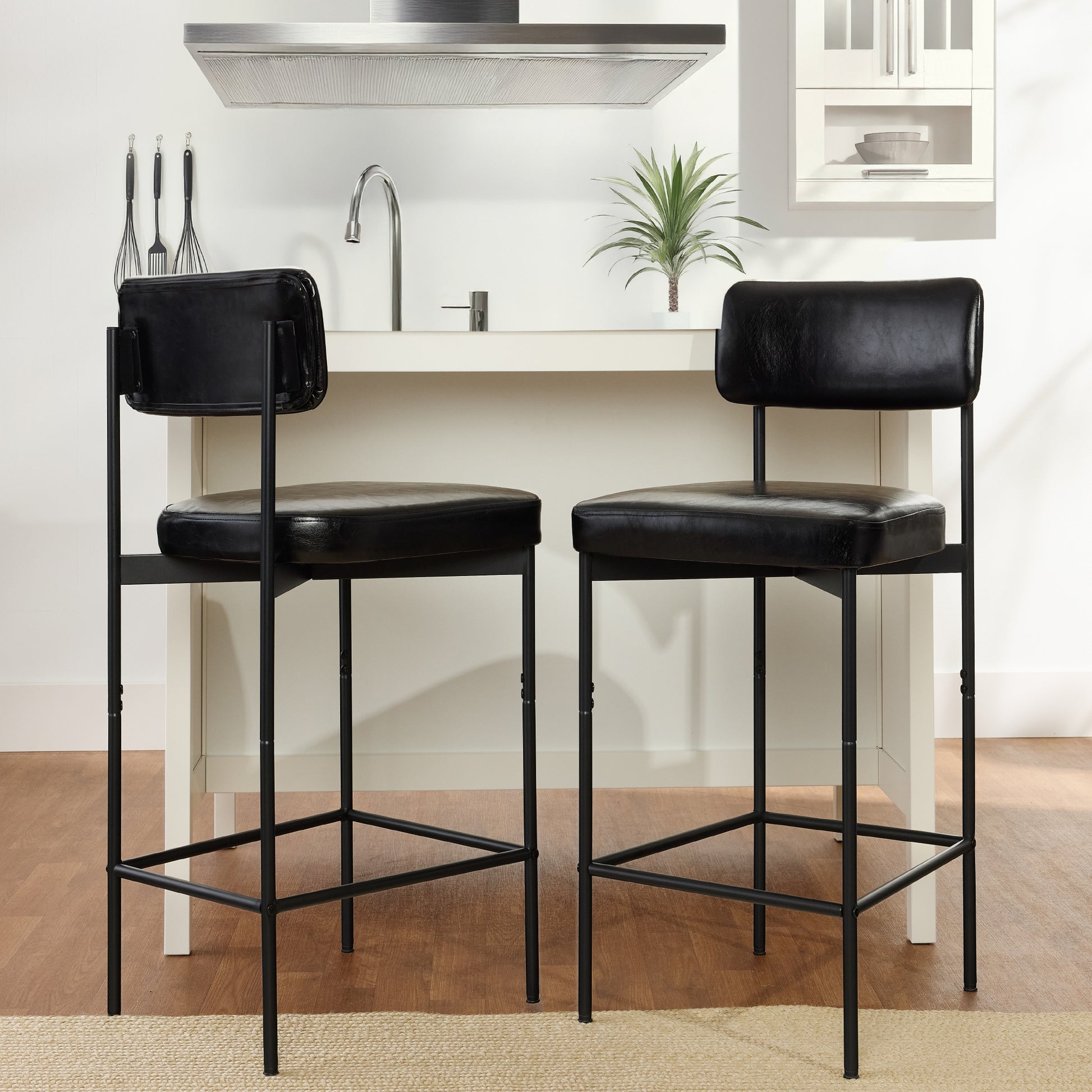 Set of 2 Armless Counter Height Bar Stools, Modern PU Faux Leather Stools