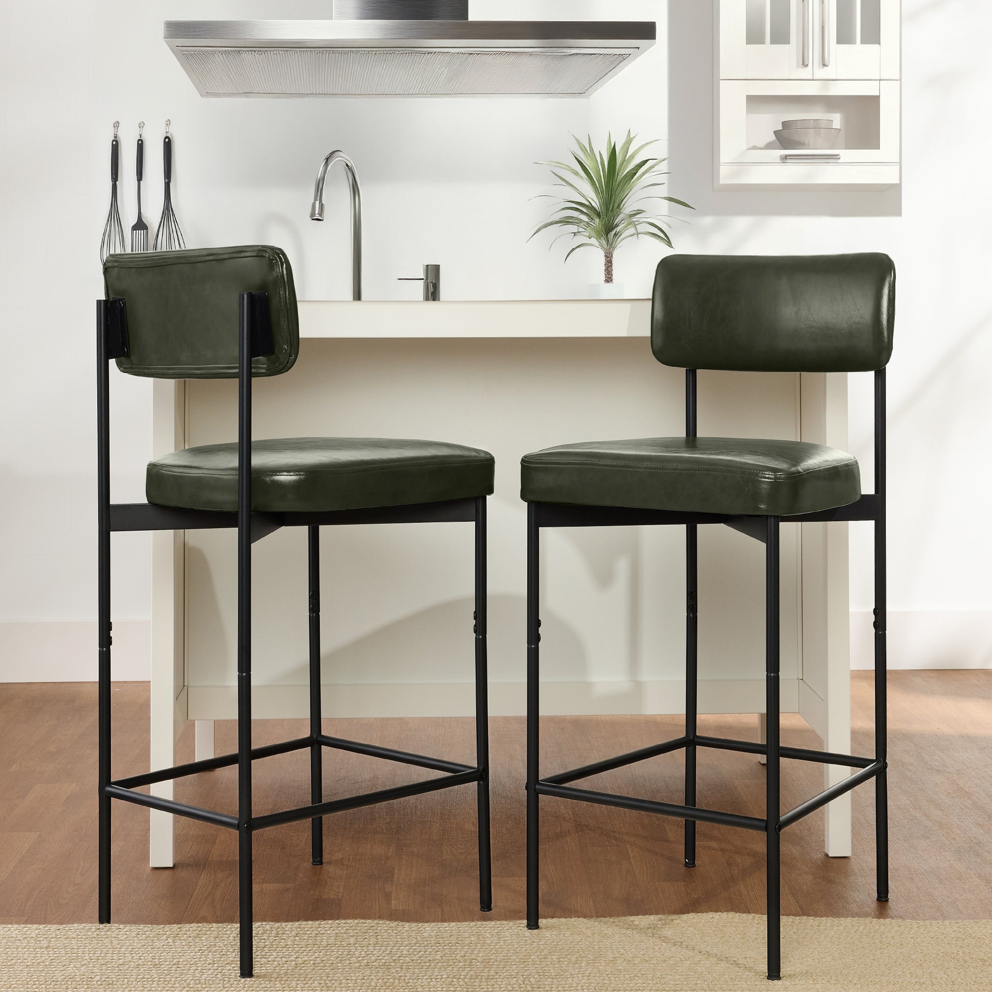 Set of 2 Armless Counter Height Bar Stools, Modern PU Faux Leather Stools