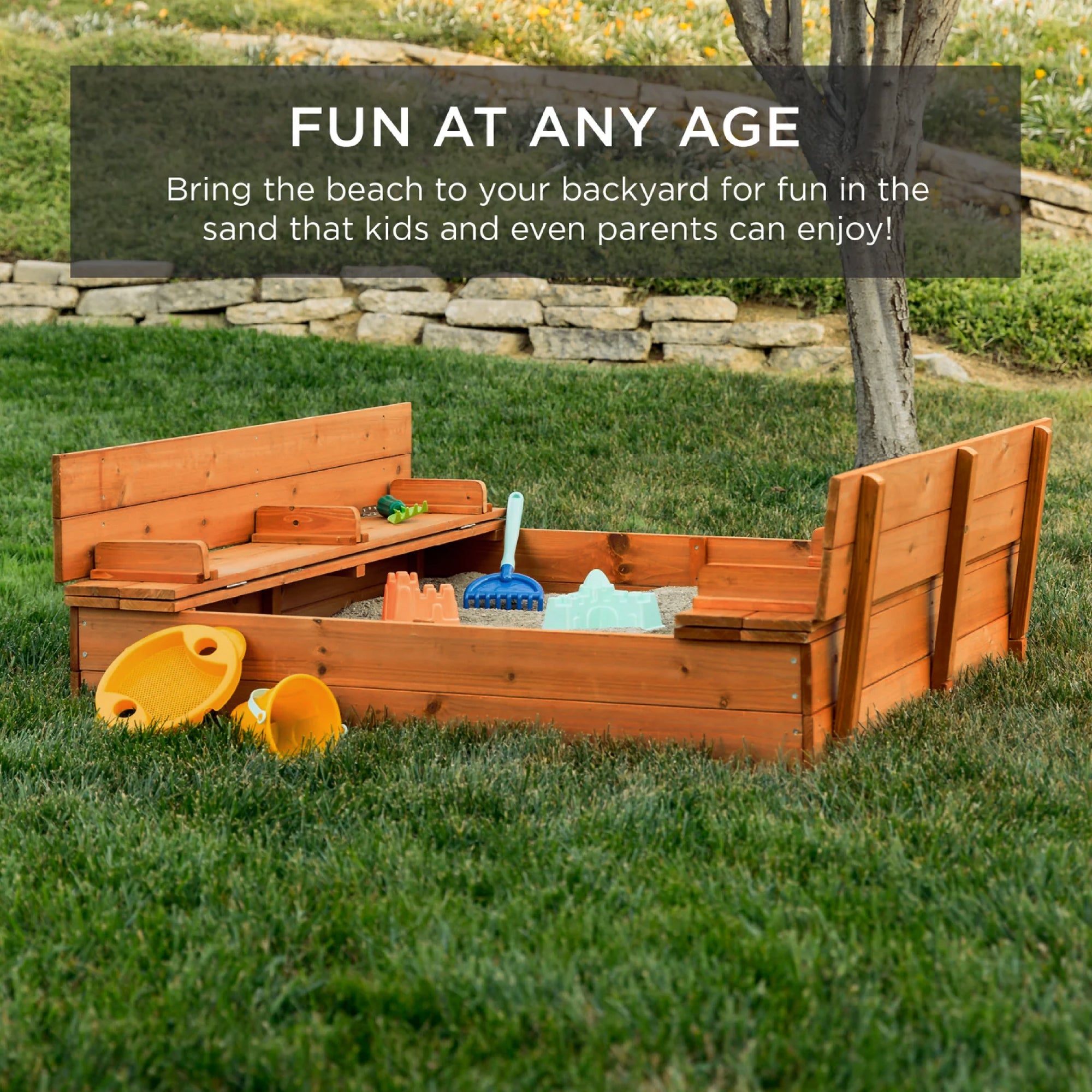 Kids Cedar Sandbox w/ Sand Screen, 2 Benches - 47x47in – Best