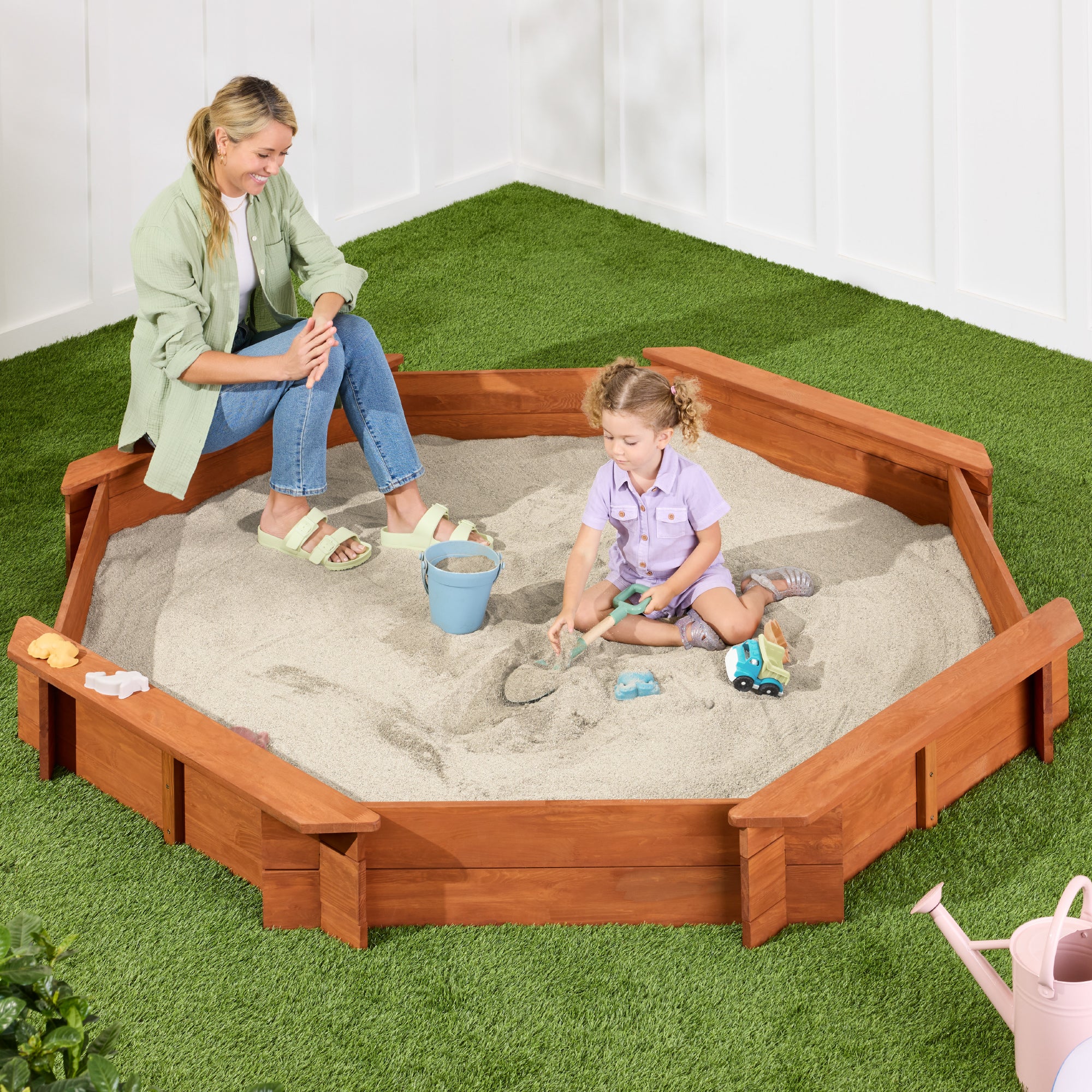 Kid's Wooden Octagonal Sandbox w/ Sand Cover, 4 Reinforced Benches