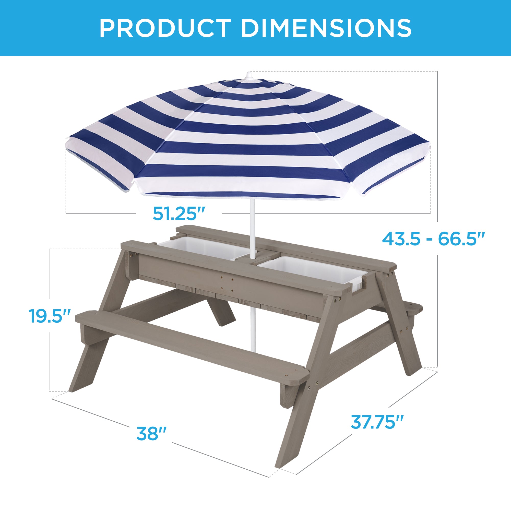 3-in-1 Kids Sand & Water Table Outdoor Wood Picnic Table w/ Umbrella