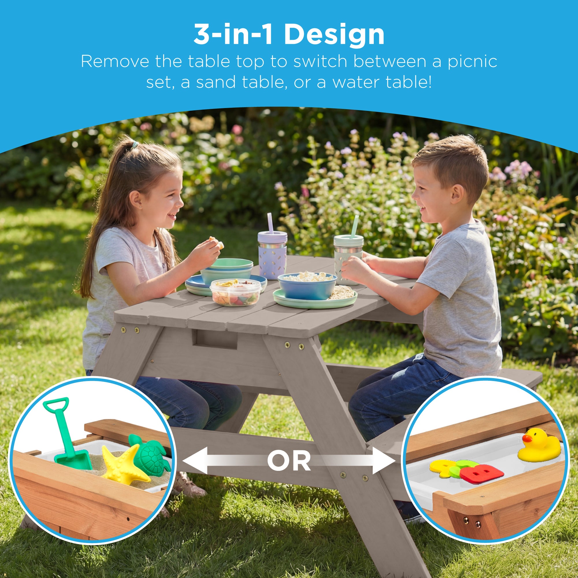 3-in-1 Kids Sand & Water Table Outdoor Wood Picnic Table w/ Umbrella