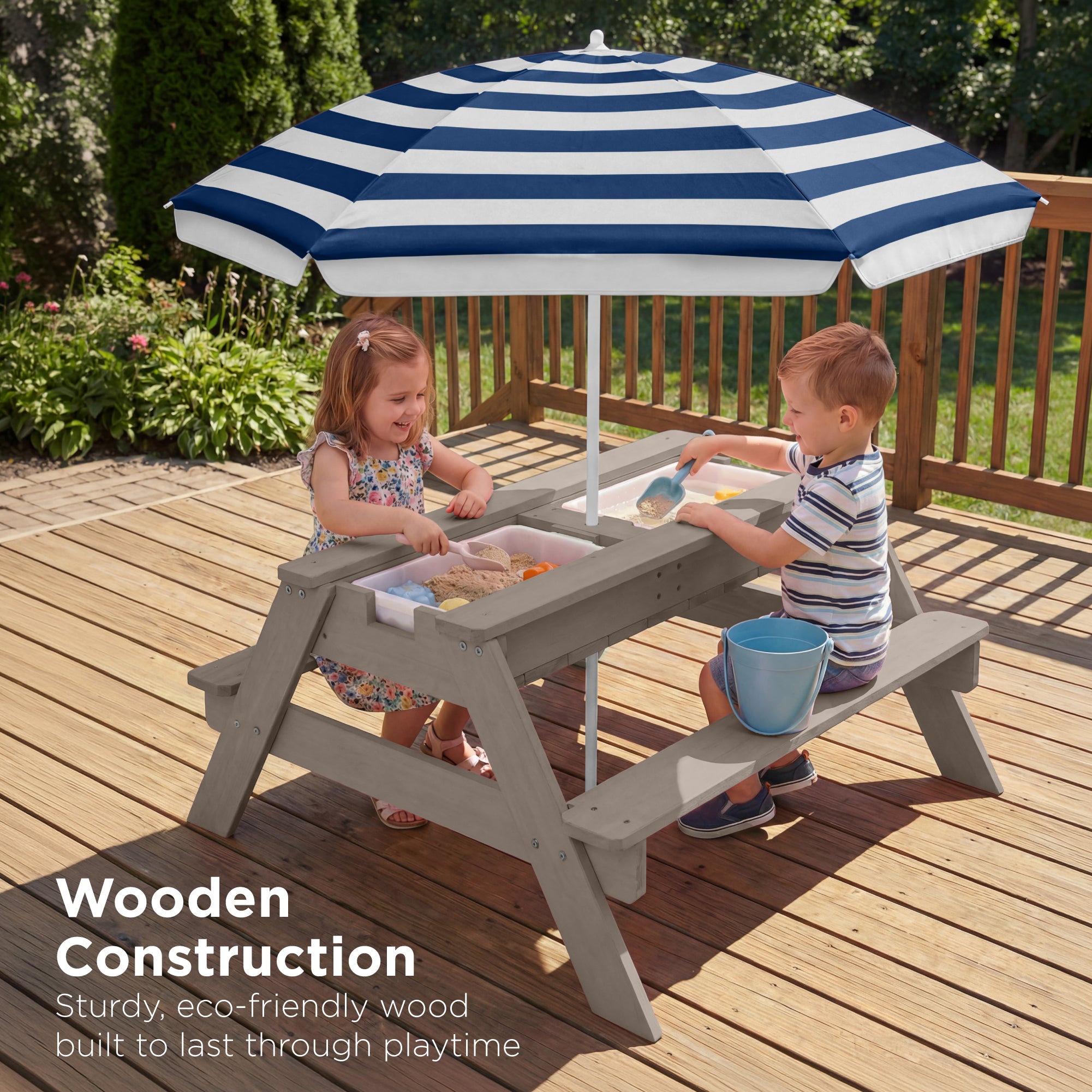 3-in-1 Kids Sand & Water Table Outdoor Wood Picnic Table w/ Umbrella
