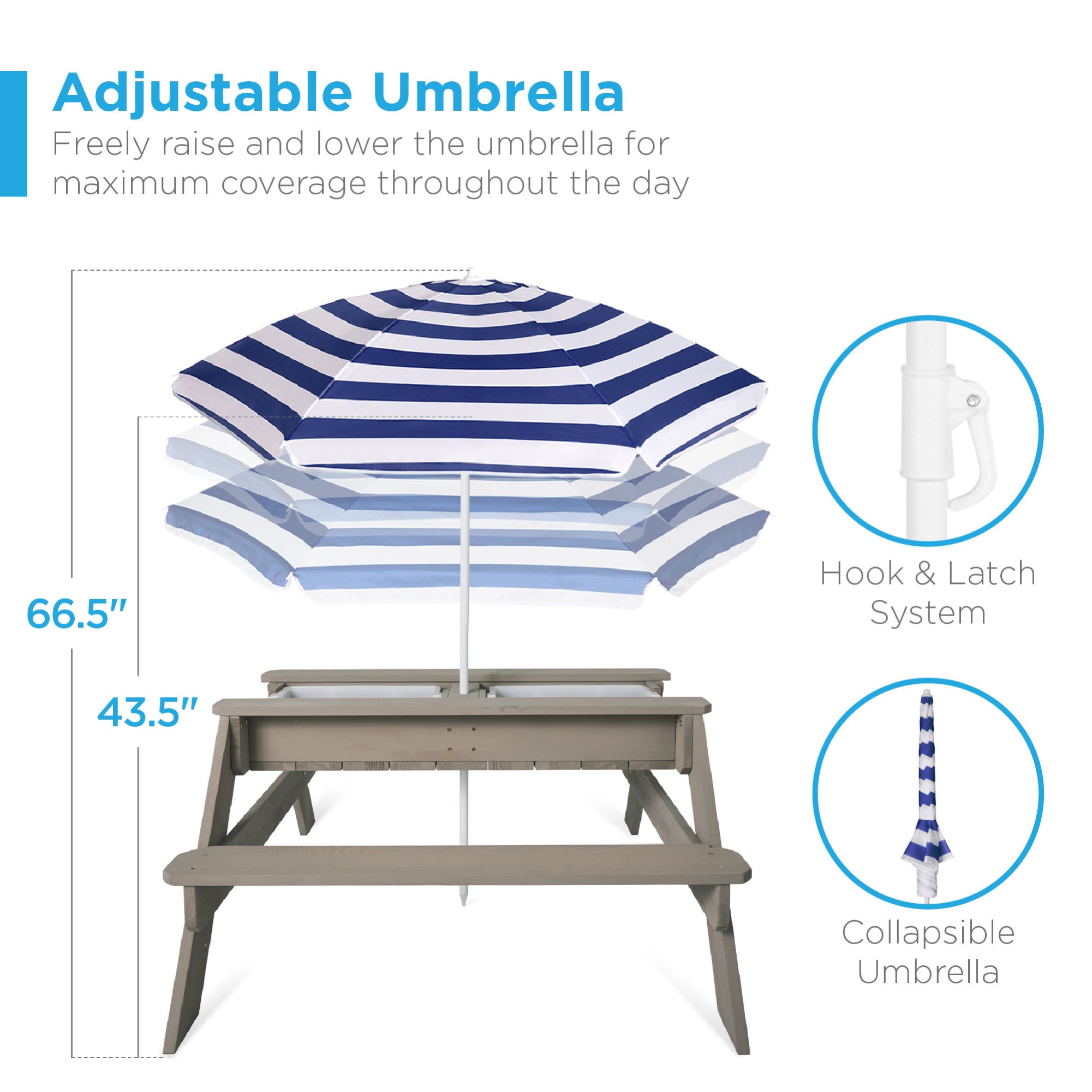 3-in-1 Kids Sand & Water Table Outdoor Wood Picnic Table w/ Umbrella