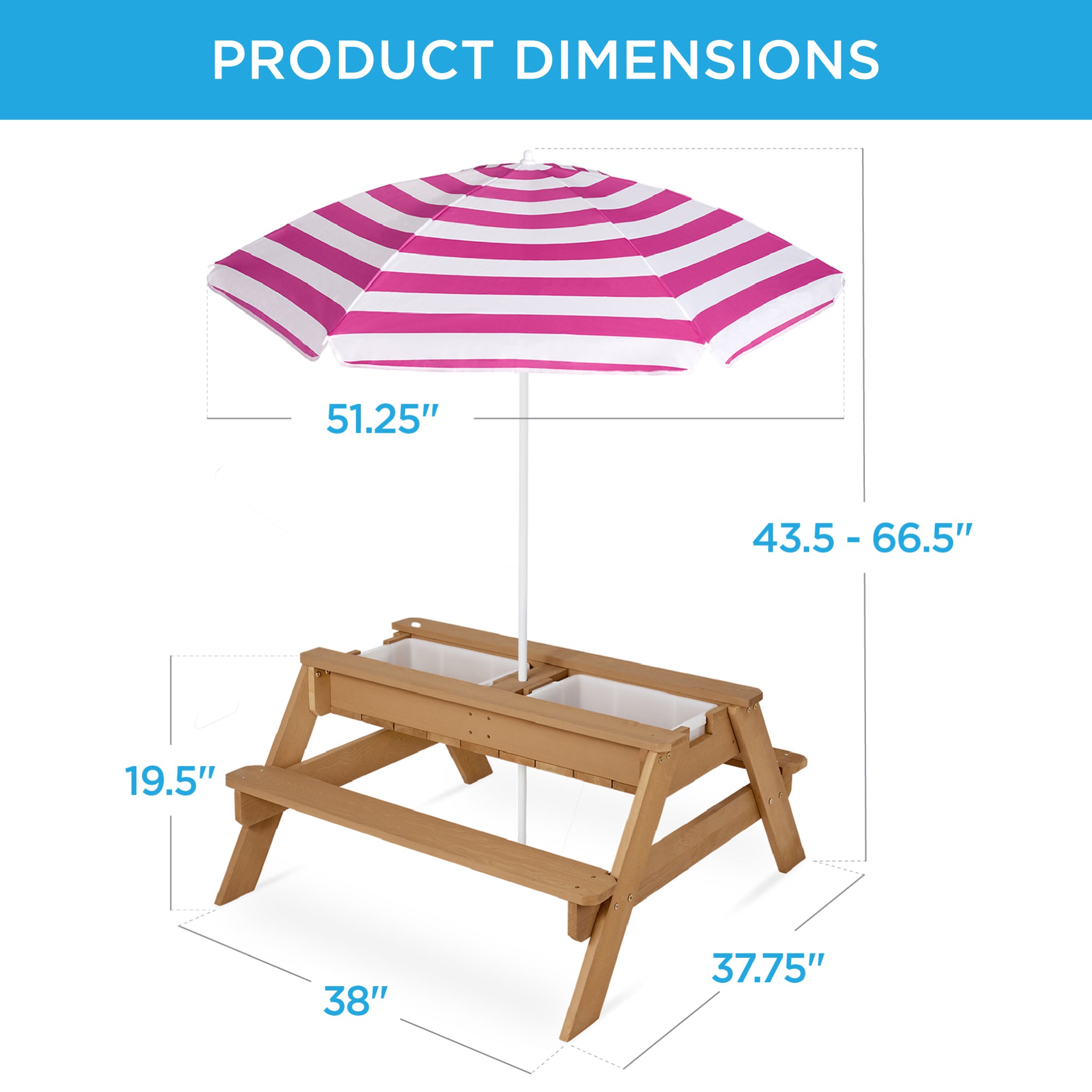 3-in-1 Kids Sand & Water Table Outdoor Wood Picnic Table w/ Umbrella