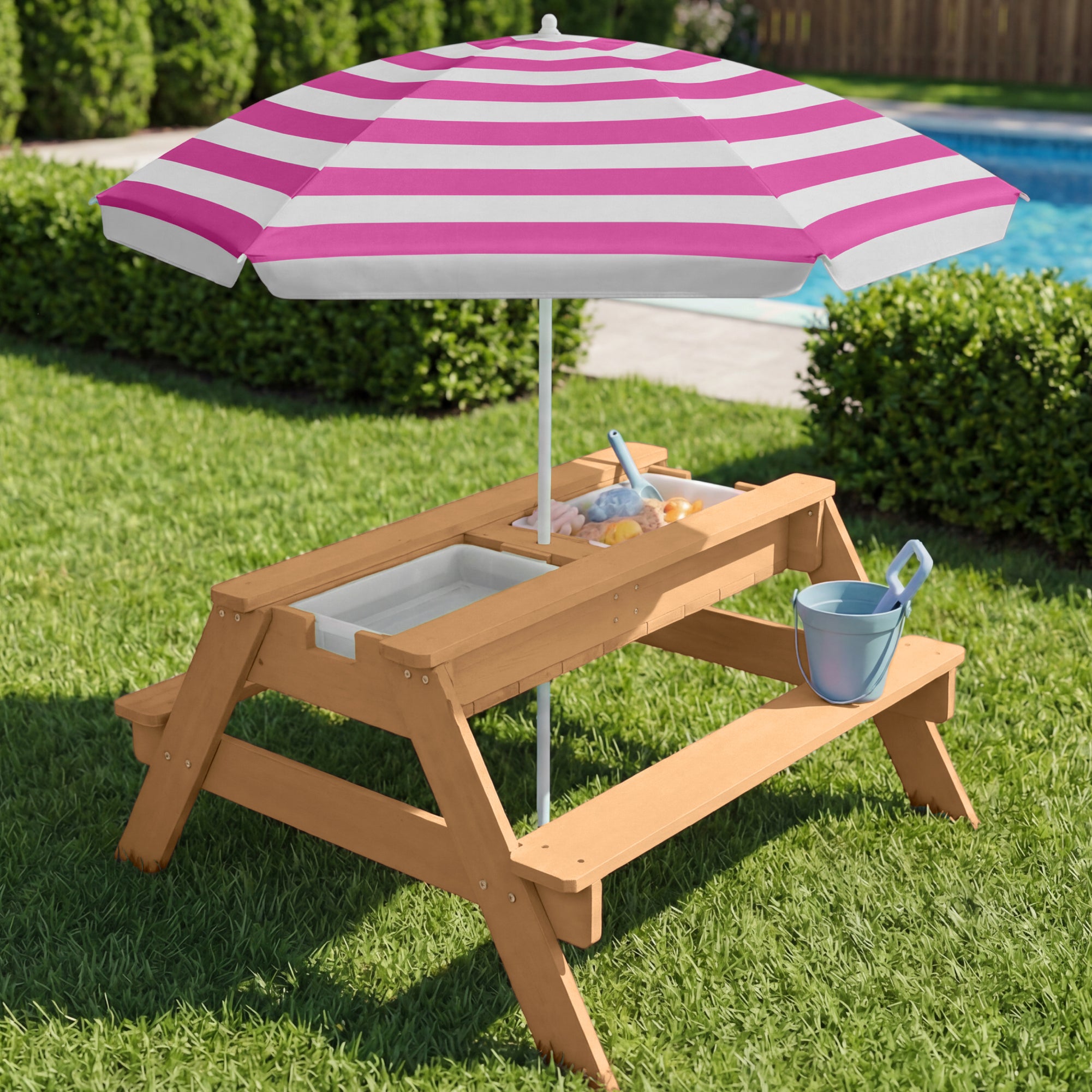 3-in-1 Kids Sand & Water Table Outdoor Wood Picnic Table w/ Umbrella