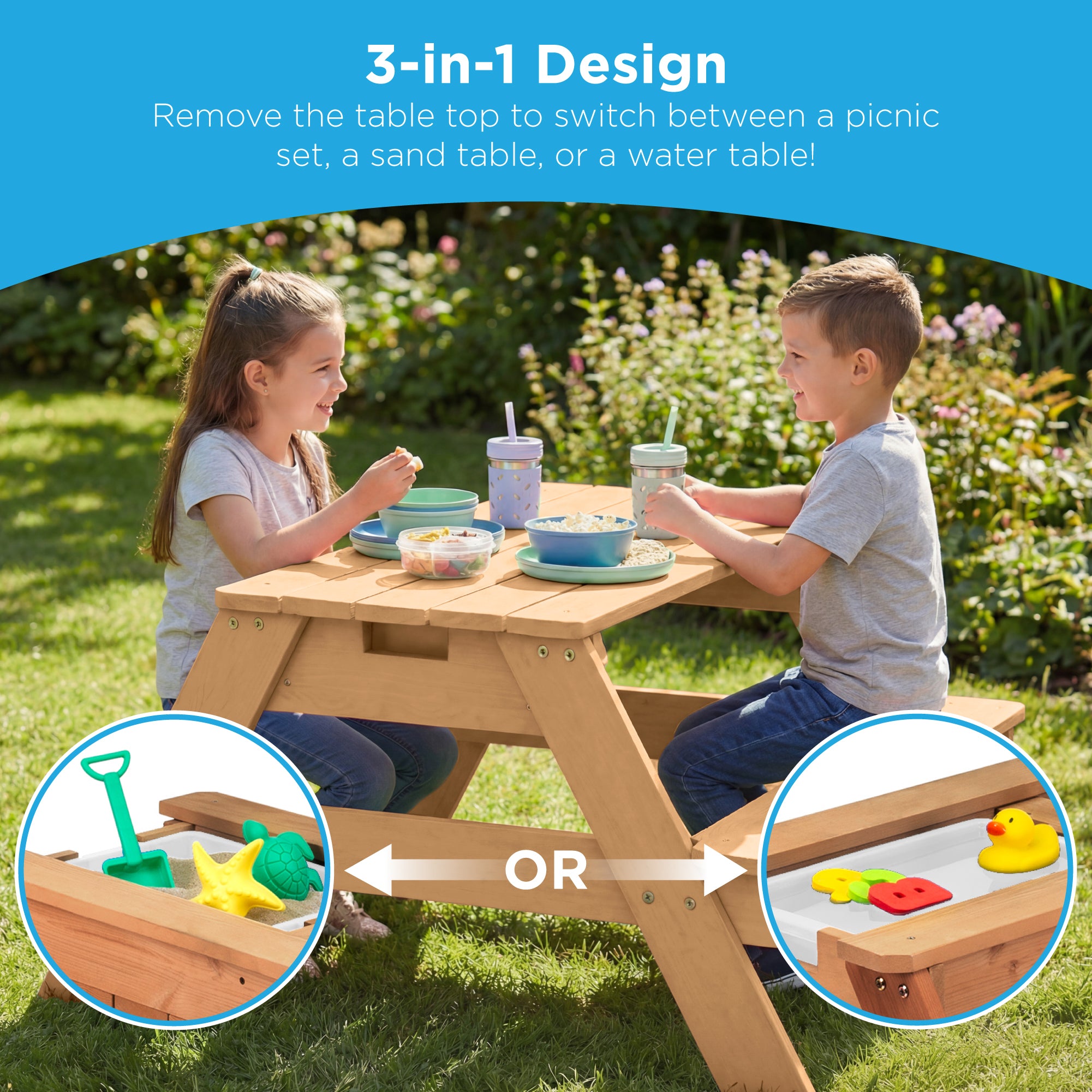 3-in-1 Kids Sand & Water Table Outdoor Wood Picnic Table w/ Umbrella