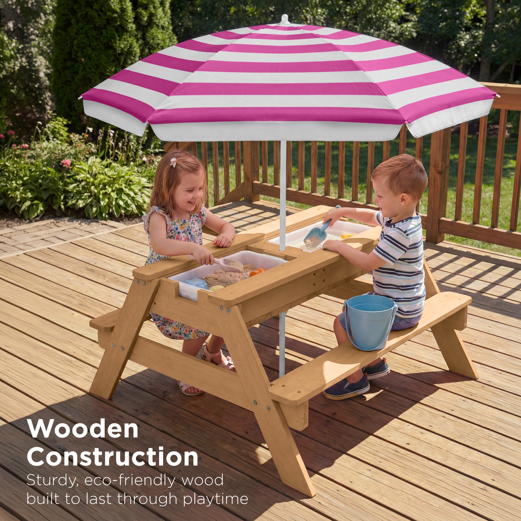 3-in-1 Kids Sand & Water Table Outdoor Wood Picnic Table w/ Umbrella