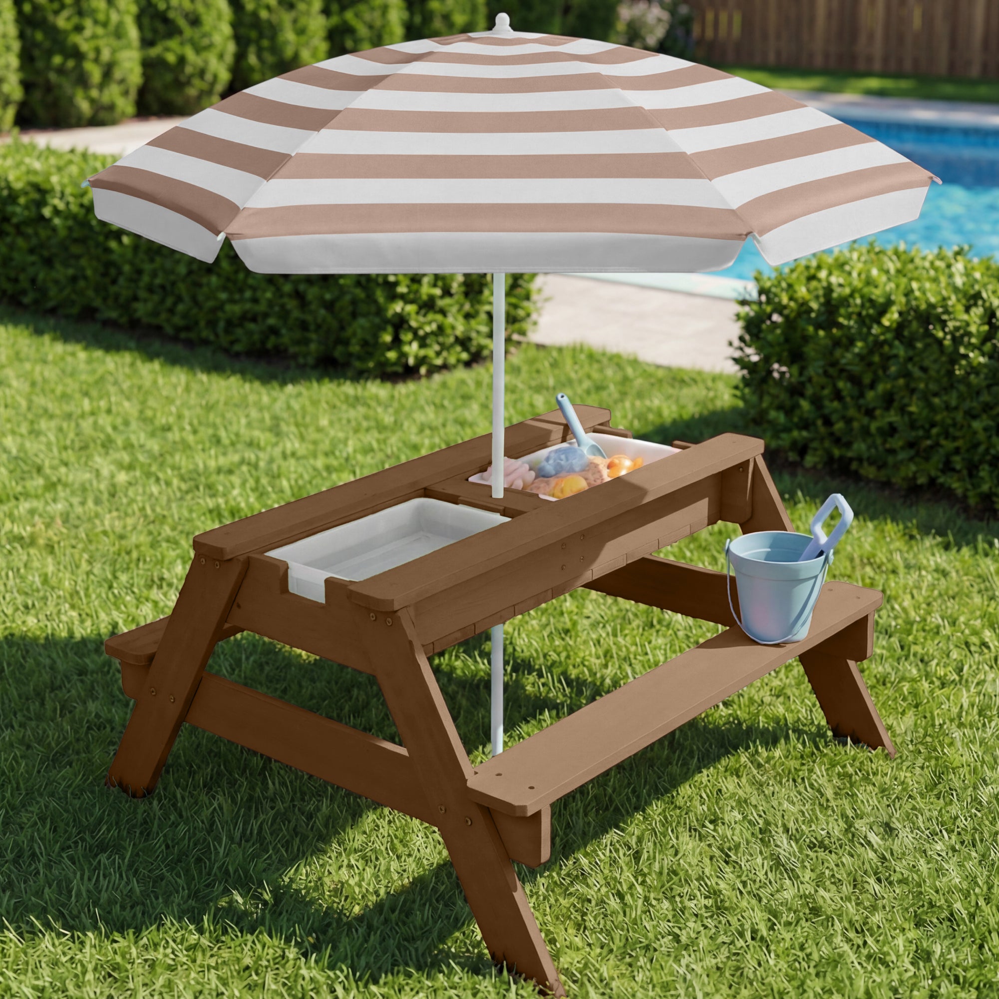 3-in-1 Kids Sand & Water Table Outdoor Wood Picnic Table w/ Umbrella