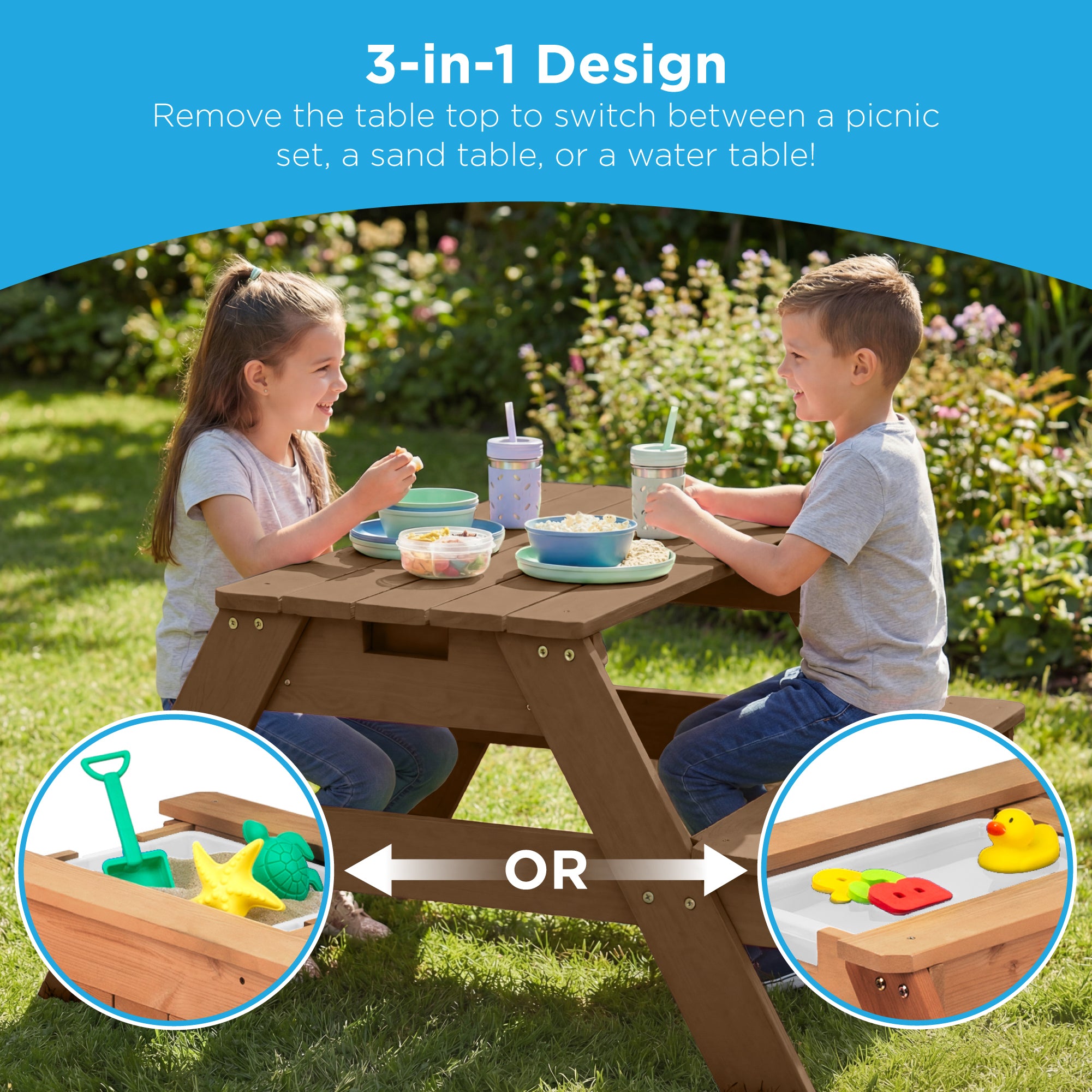 3-in-1 Kids Sand & Water Table Outdoor Wood Picnic Table w/ Umbrella