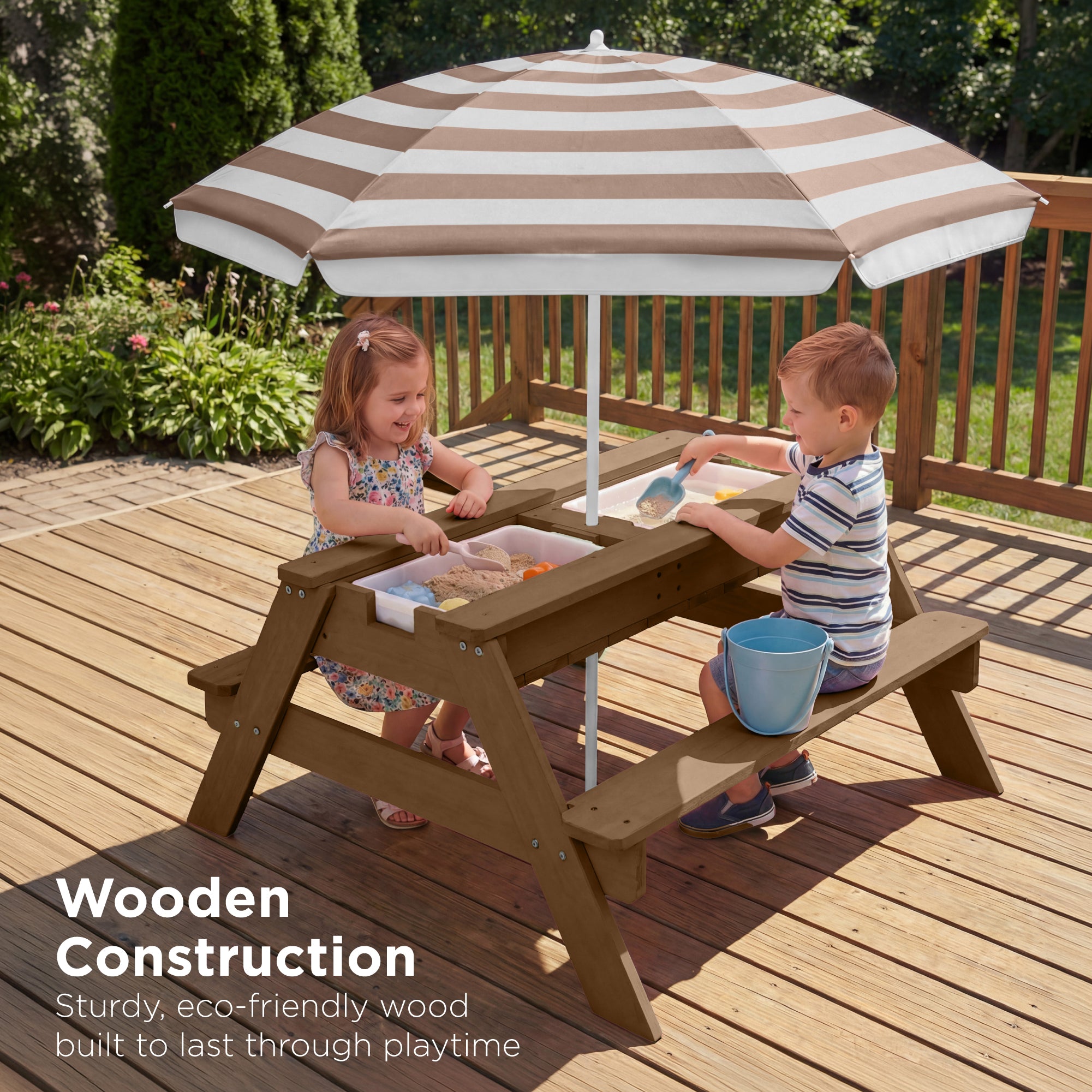 3-in-1 Kids Sand & Water Table Outdoor Wood Picnic Table w/ Umbrella