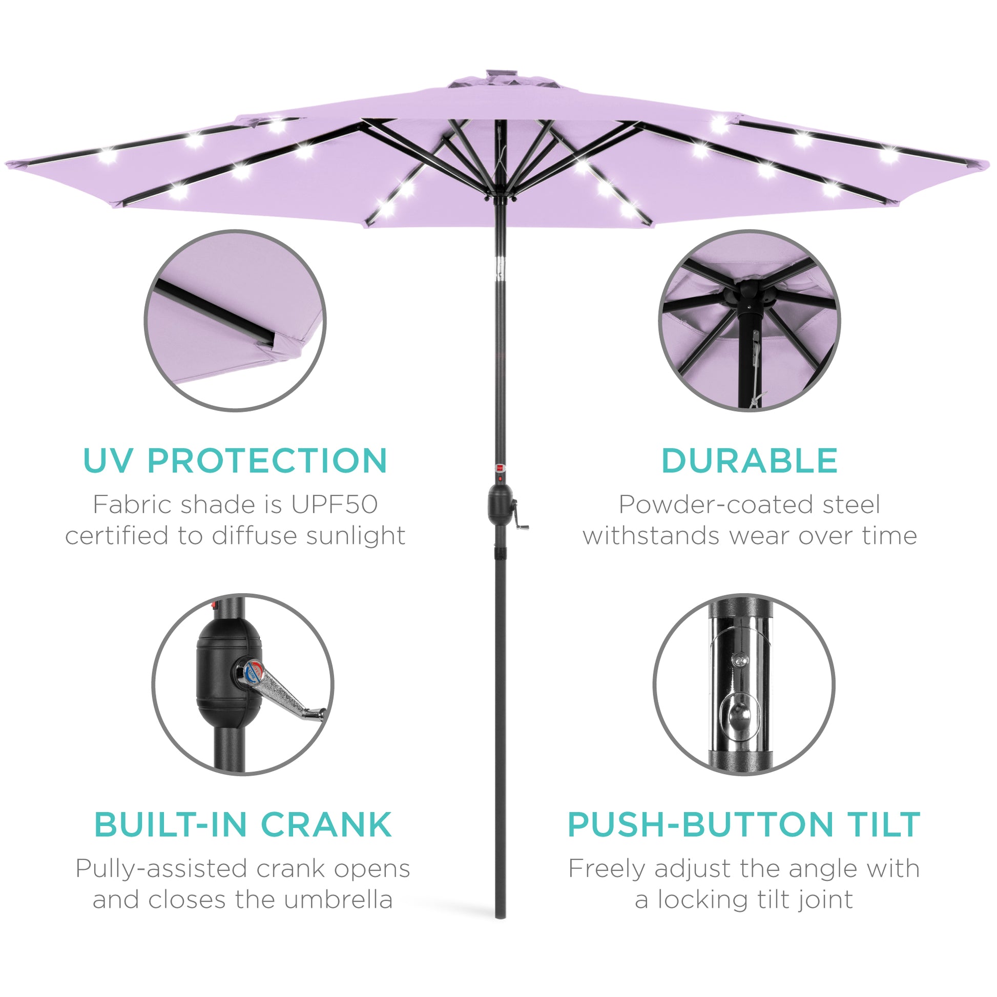 Solar LED Lighted Patio Umbrella w/ Tilt Adjustment, UV-Resistant - 10ft