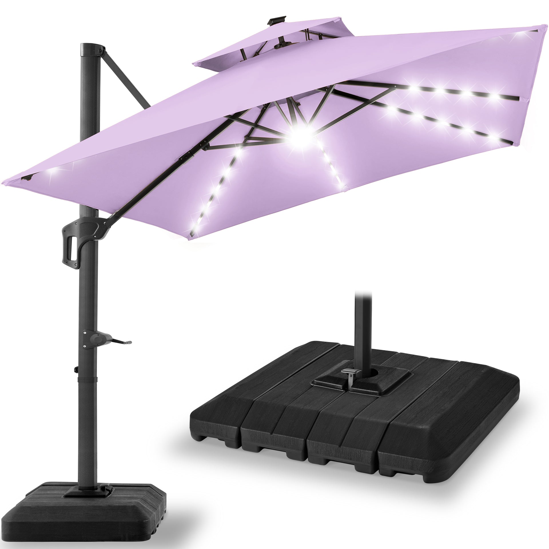 2-Tier Square LED Cantilever Offset Umbrella w/ 360 Rotation, Base