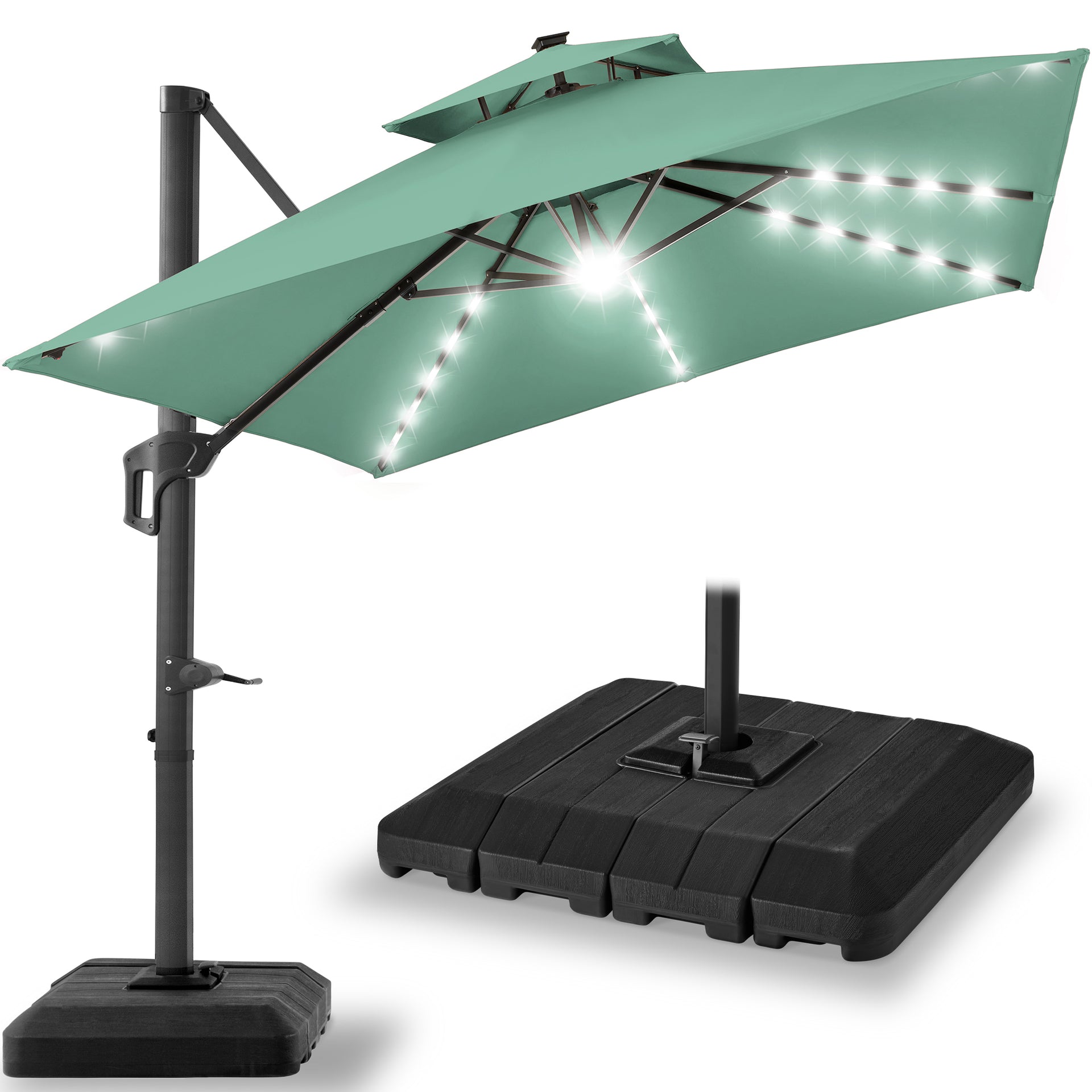 cantilever led patio umbrella Best Choice Products 10x10ft 2-Tier Square Outdoor Solar LED Cantilever Patio Umbrella w/ Base Included