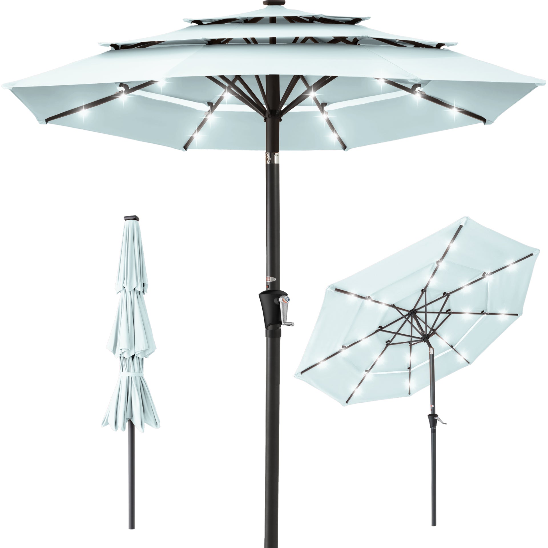 bud light patio umbrella for sale 3-Tier Solar Patio Umbrella w/ LED Lights, Tilt Adjustment, Crank