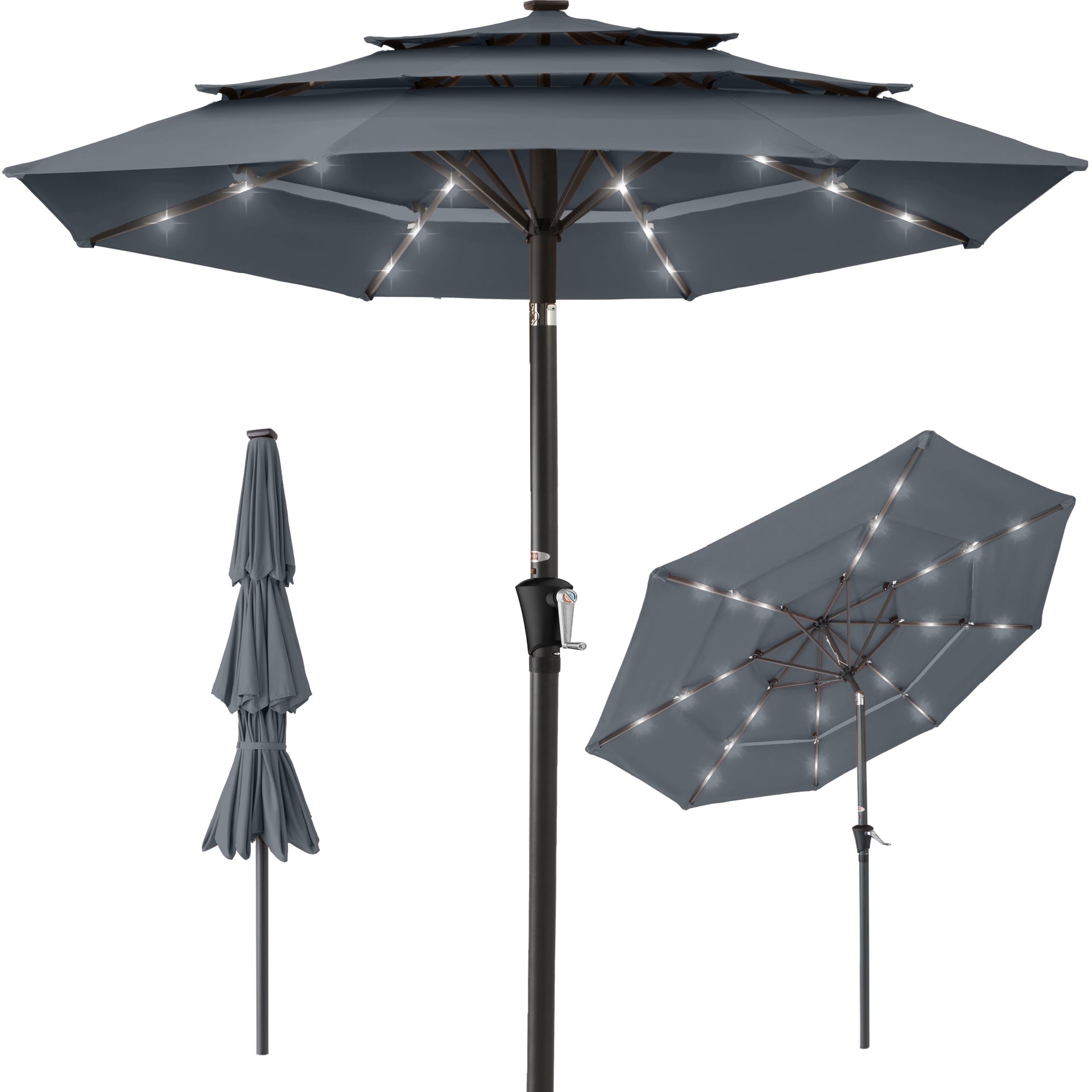 led patio umbrella sam& 39 EliteShade USA 10-Year-Non-Fading 9ft Market Umbrella, Commercial Grade Table Sun with 80 Solar Lights, Crank Open, Windproof & UPF 50+ UV Protection for Garden, Deck, Pool, Backyard lasting use EliteShade 9ft Three-Tier Solar LED