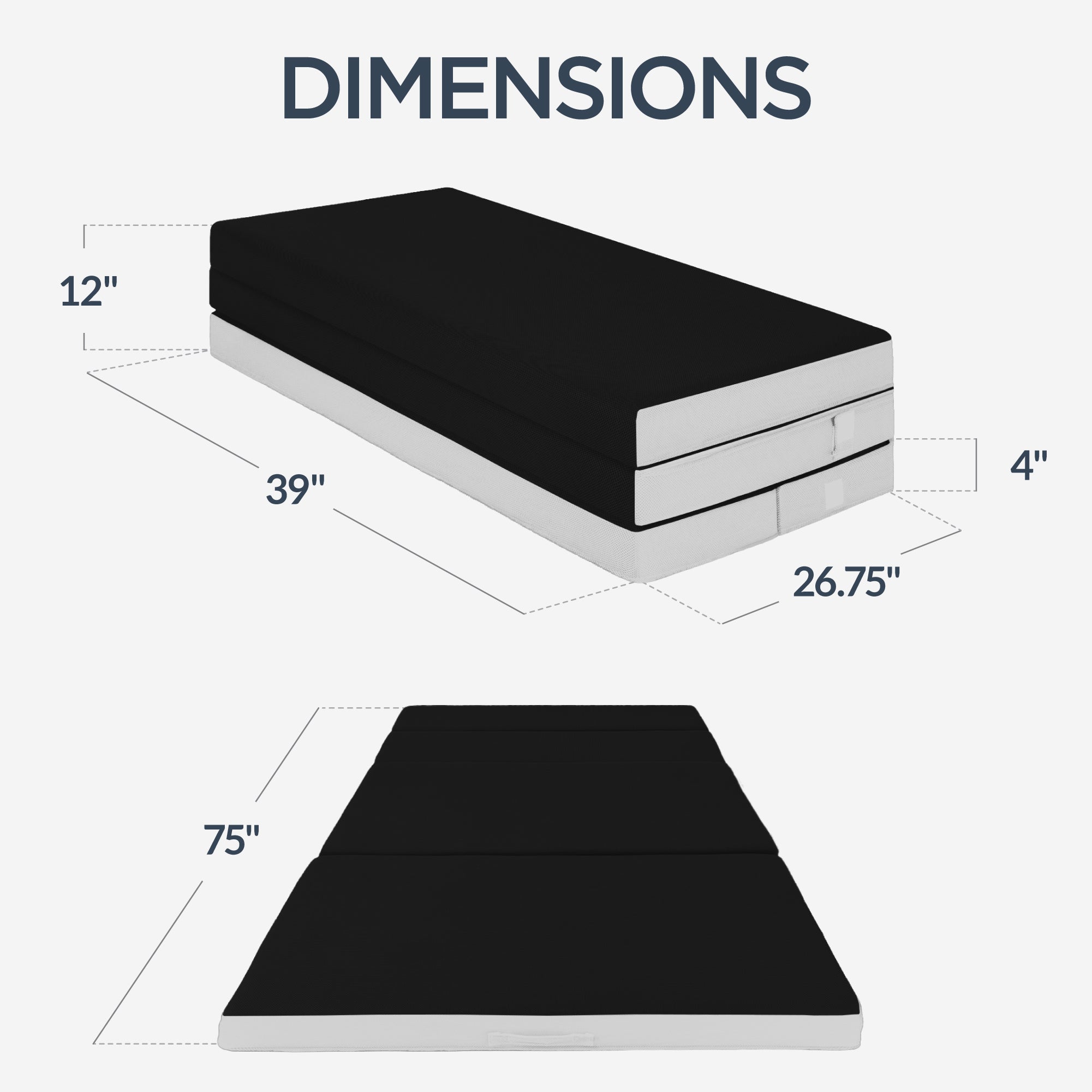 4in Portable Mattress Topper, Tri-Fold Mattress Pad - Onyx Black