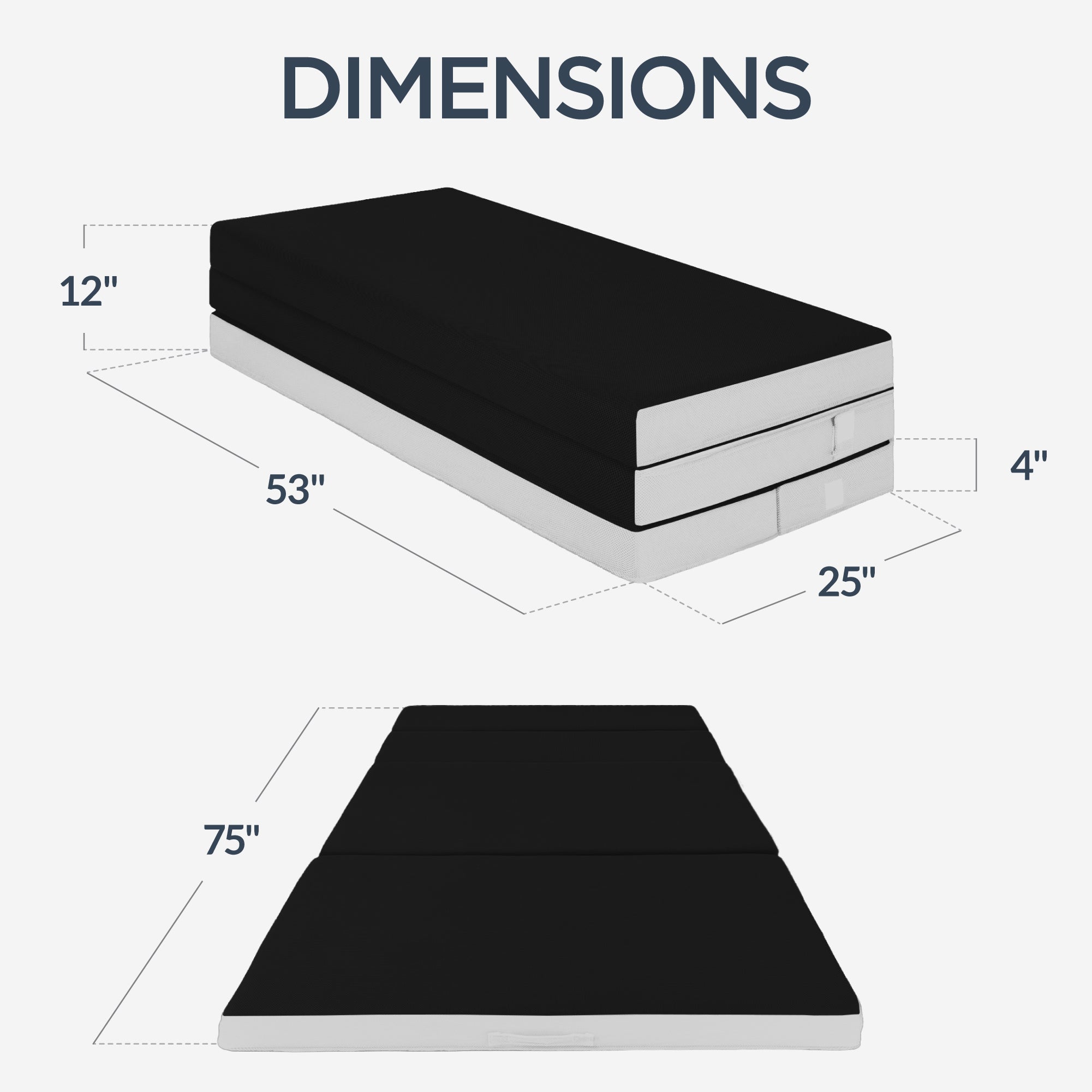 4in Portable Mattress Topper, Tri-Fold Mattress Pad - Onyx Black