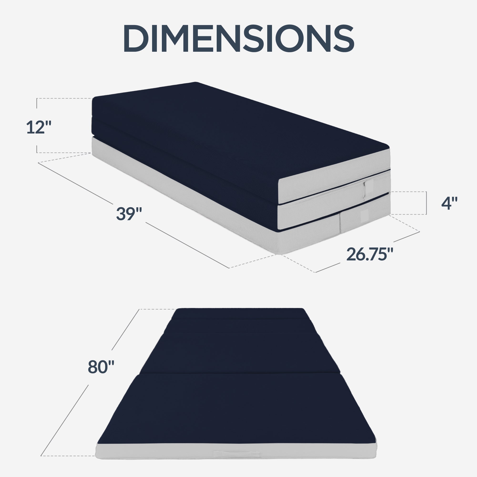 4in Portable Mattress Topper, Tri-Fold Mattress Pad - Midnight Blue