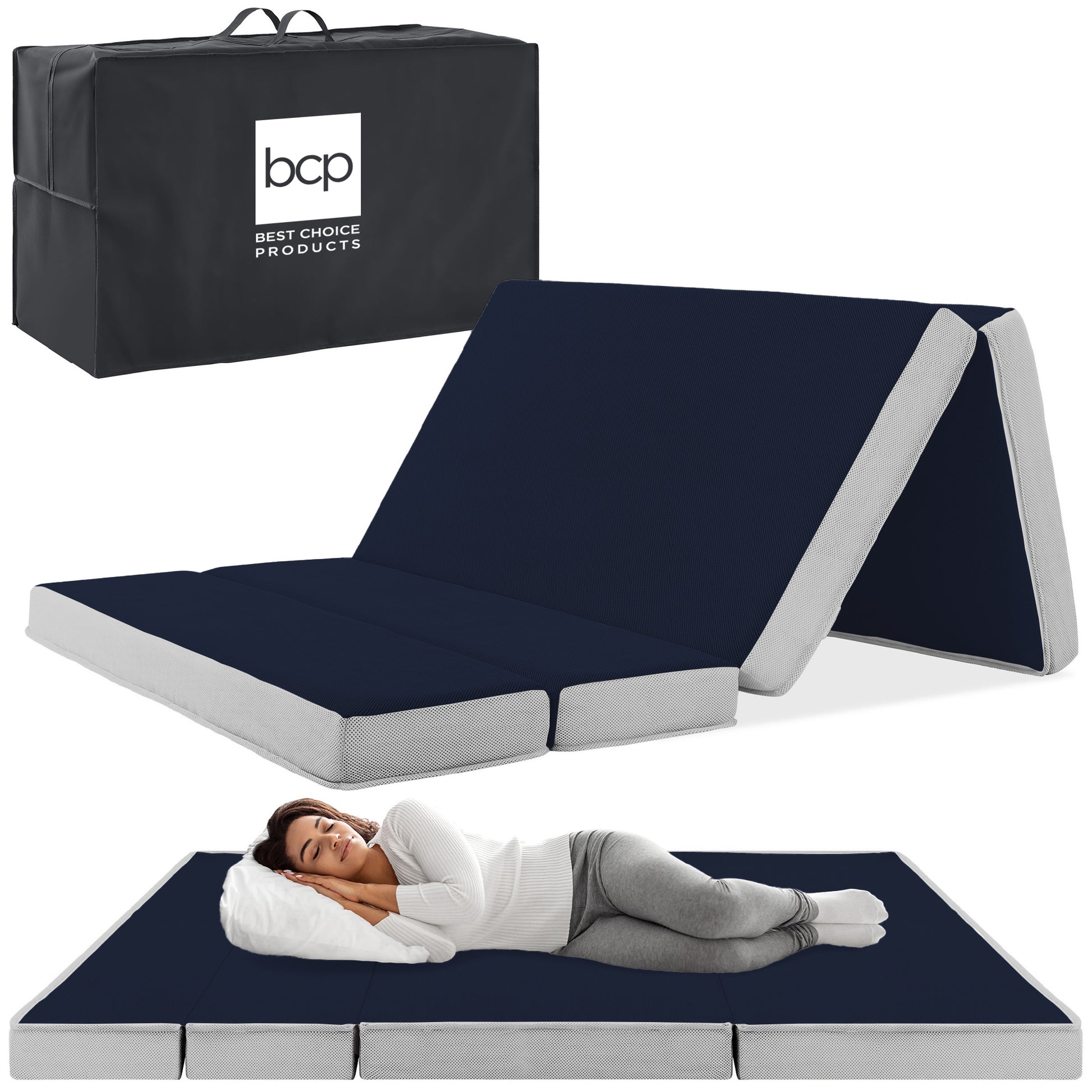 Folding Portable Midnight Blue Mattress Topper w/ Plush Foam 4in