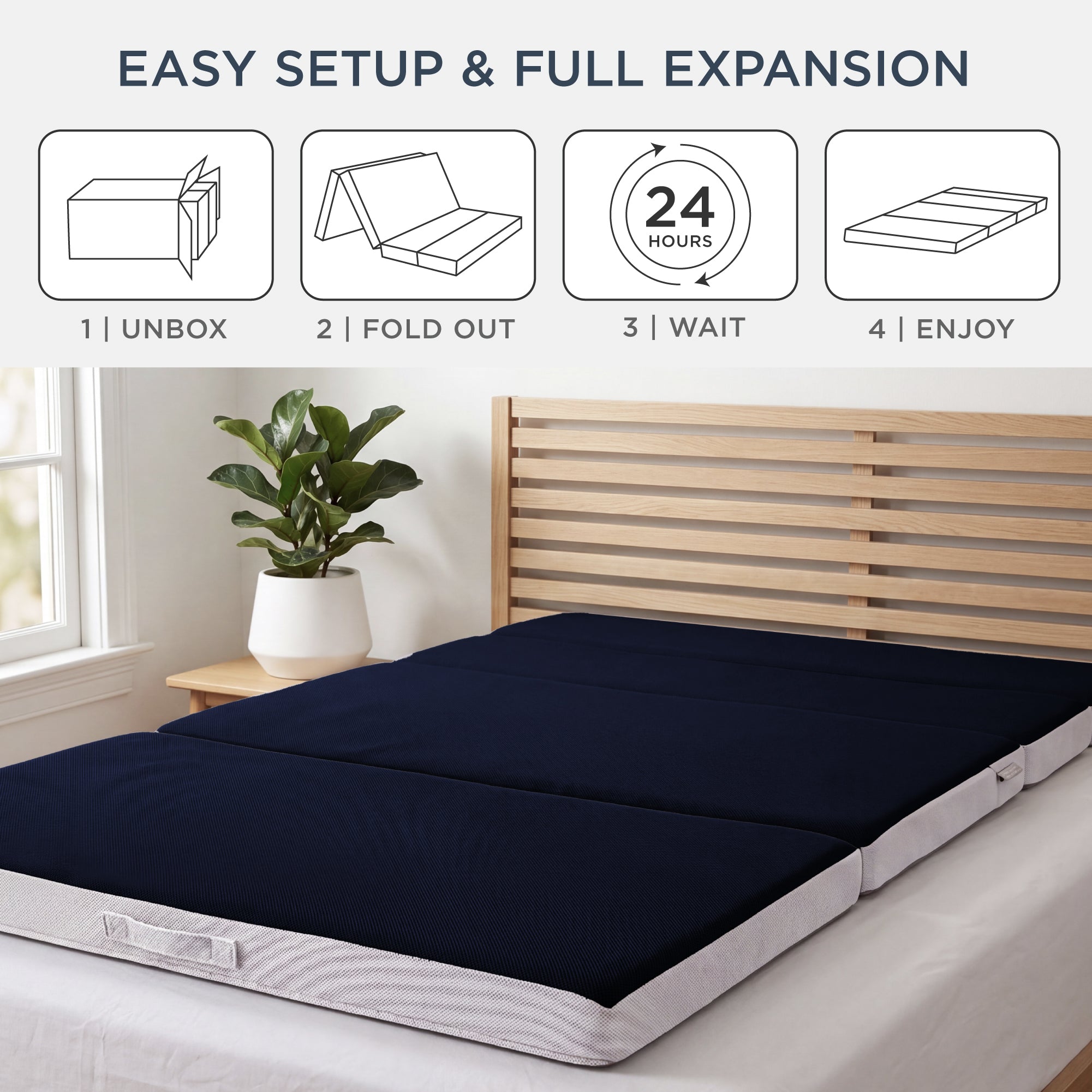 4in Portable Mattress Topper, Tri-Fold Mattress Pad - Midnight Blue
