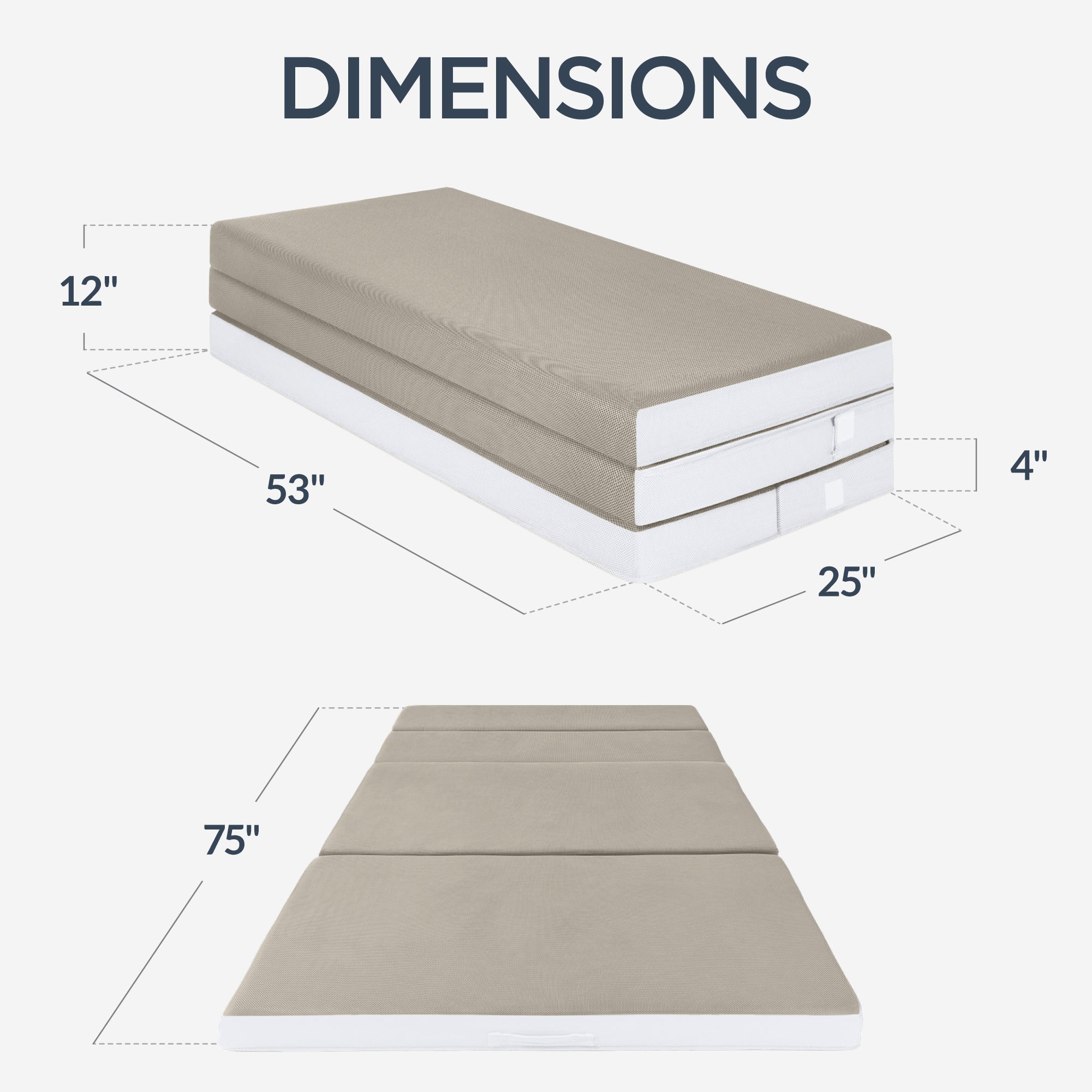 4in Portable Mattress Topper, Tri-Fold Mattress Pad - Taupe