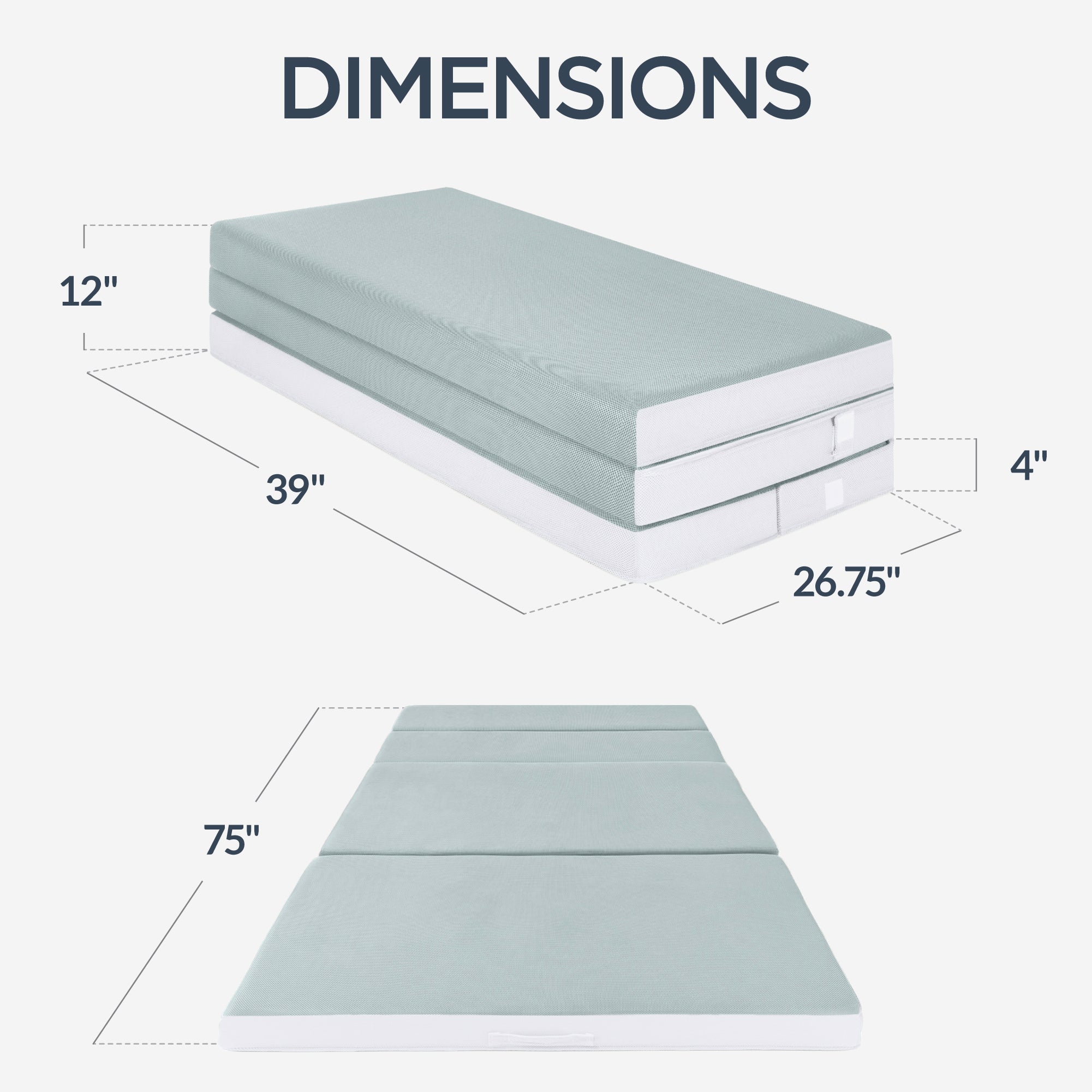 4in Portable Mattress Topper, Tri-Fold Mattress Pad - Seafoam