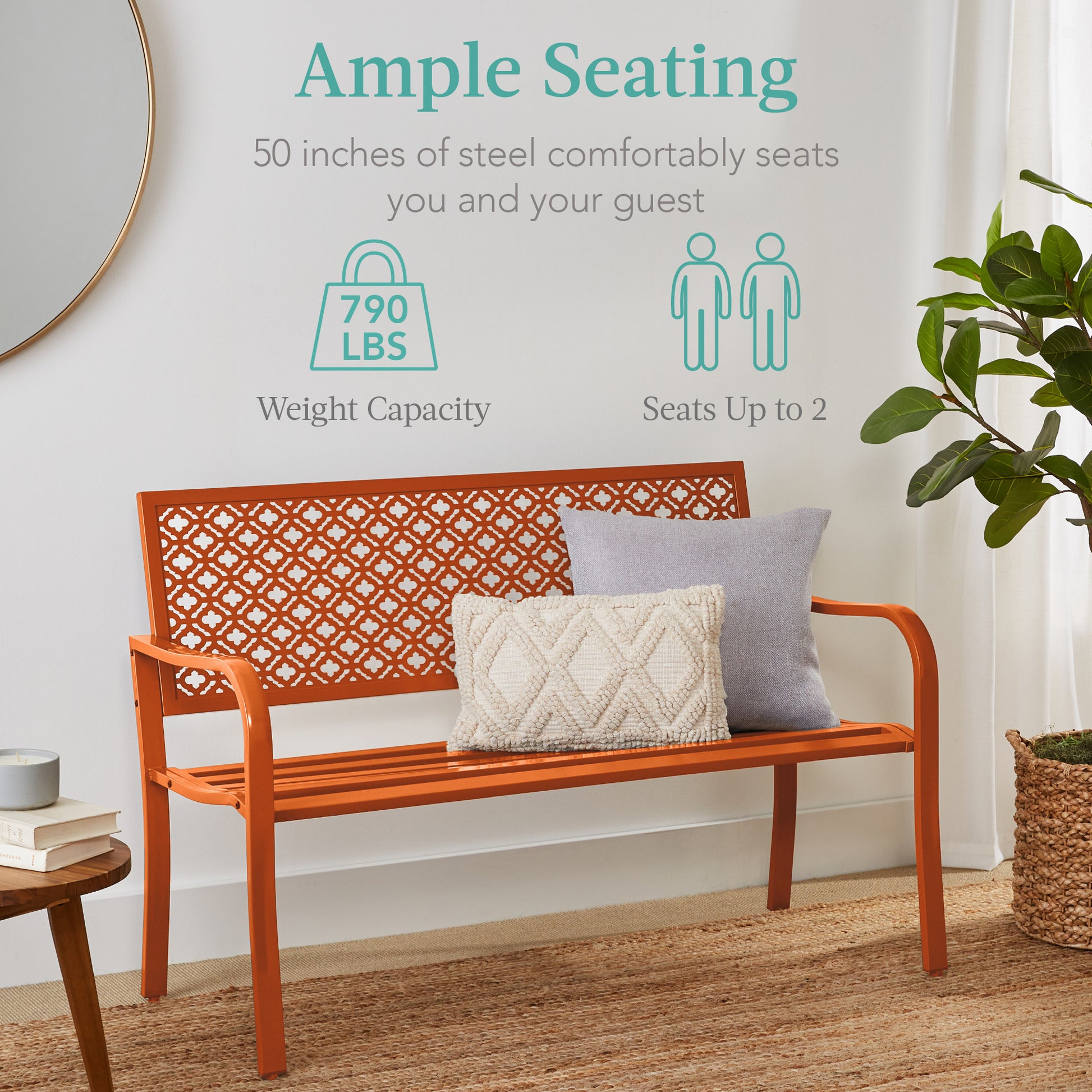 Indoor Outdoor Steel Bench w/ Geometric Backrest, Foot Levelers