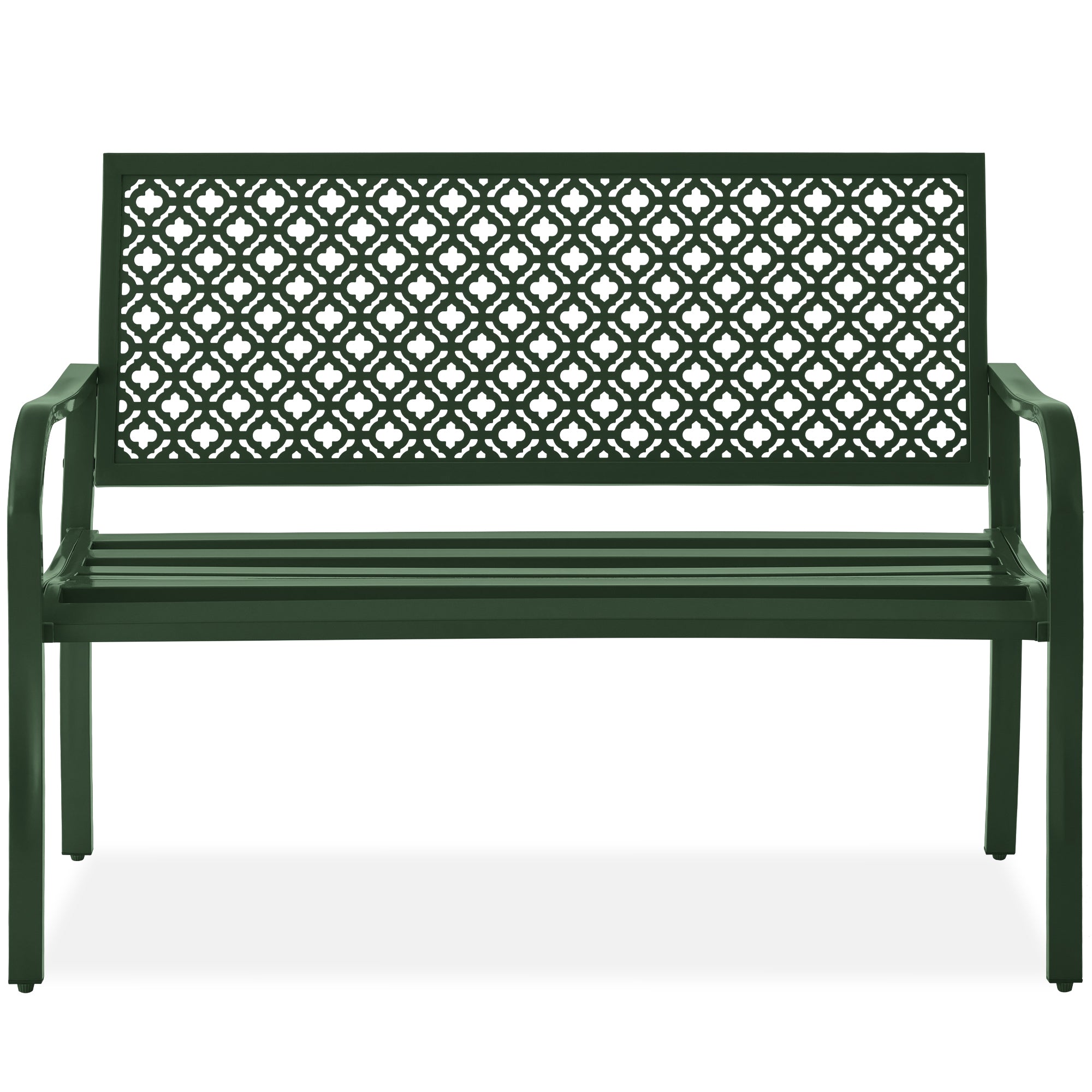 Indoor Outdoor Steel Bench w/ Geometric Backrest, Foot Levelers