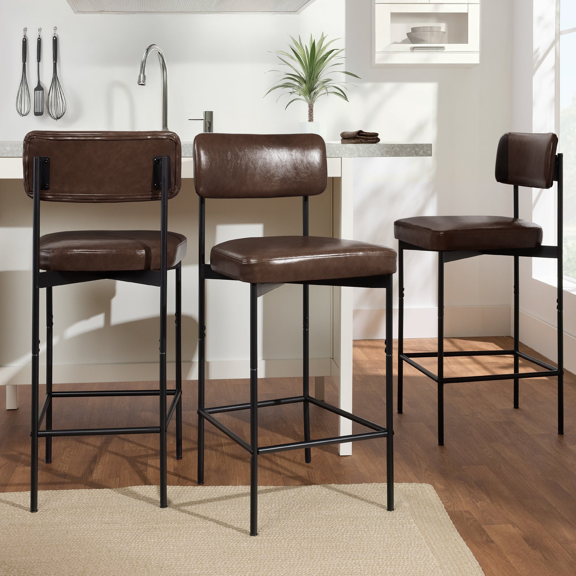 Set of 3 Armless Counter Height Bar Stools, Modern PU Faux Leather Stools