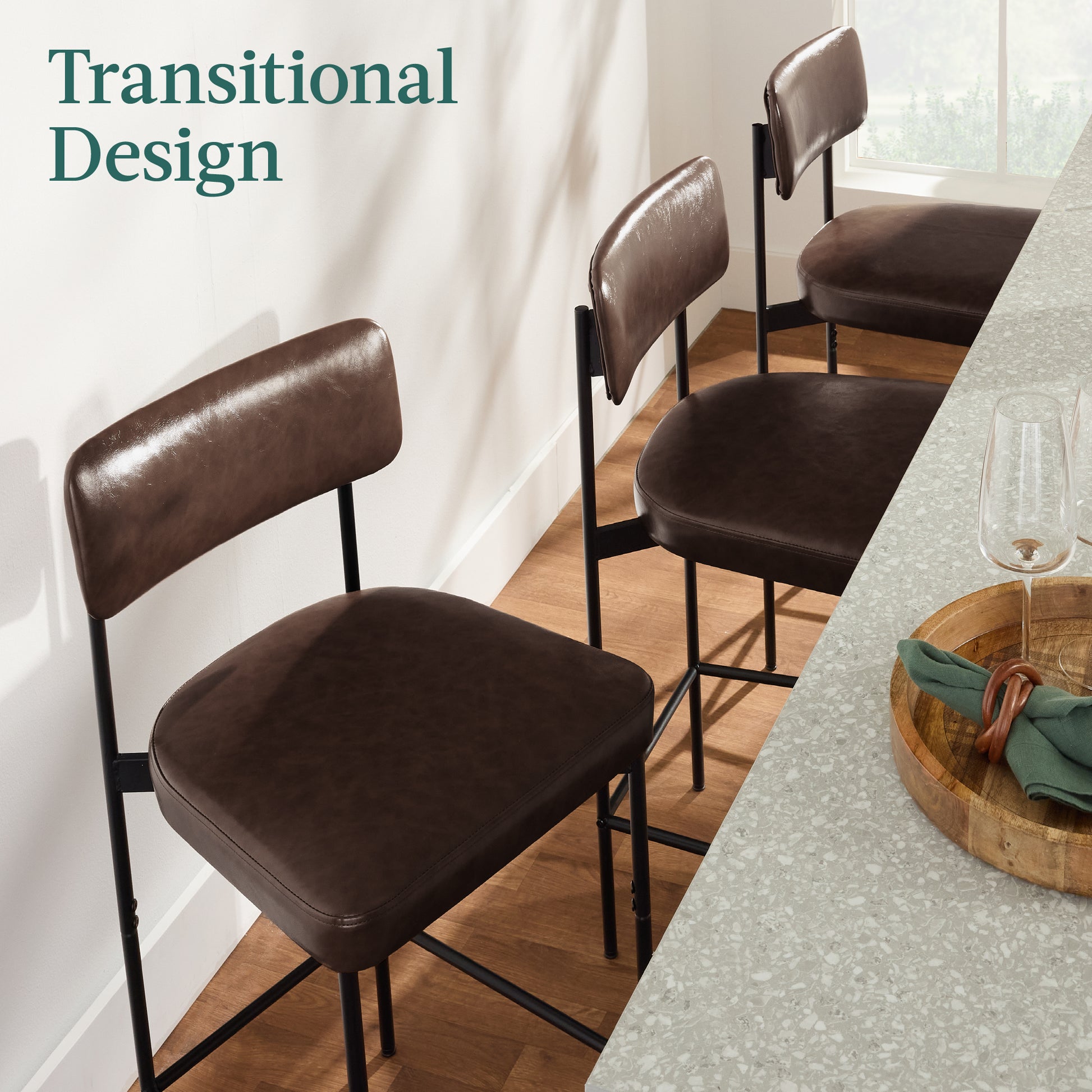 Set of 3 Armless Counter Height Bar Stools, Modern PU Faux Leather Stools