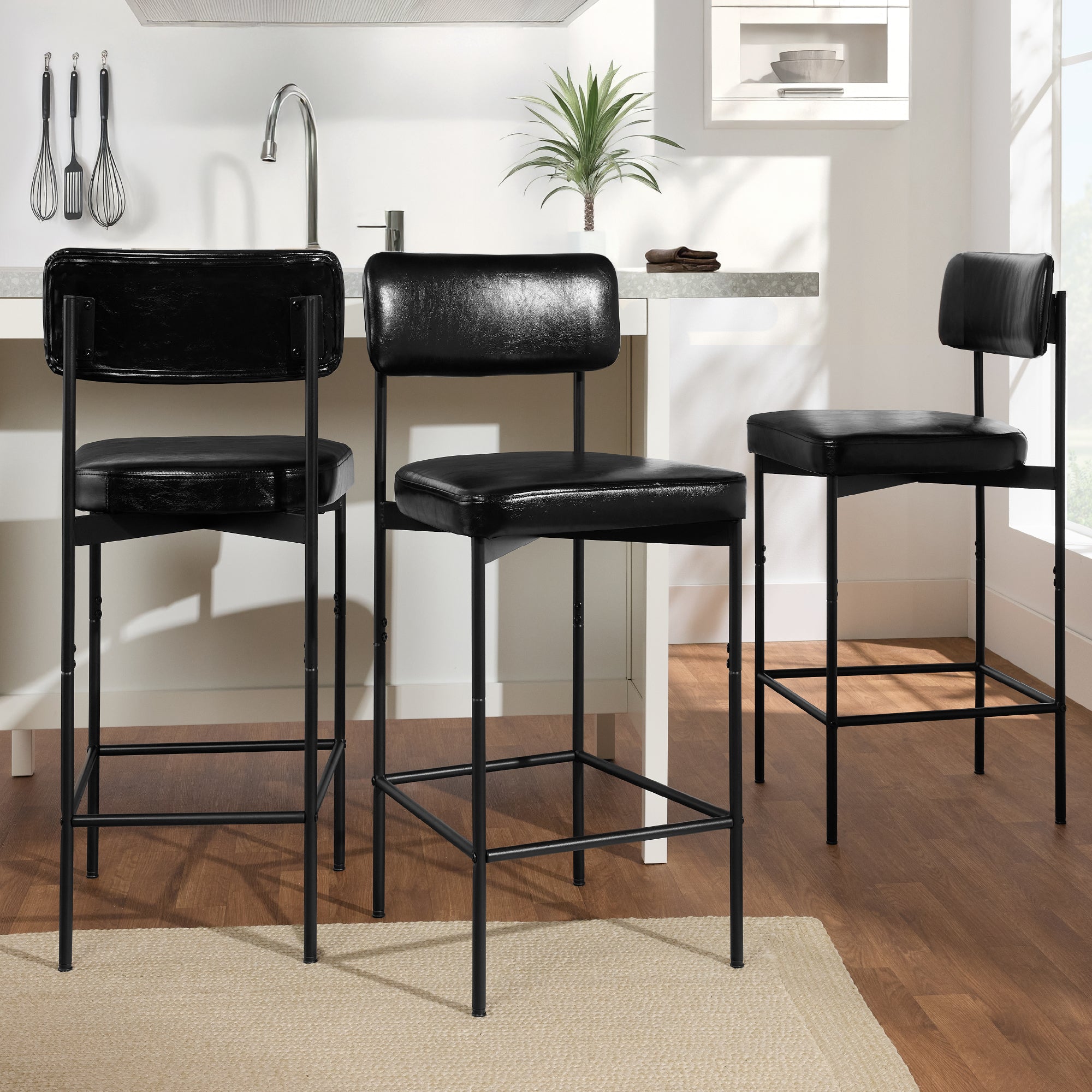 Set of 3 Armless Counter Height Bar Stools, Modern PU Faux Leather Stools