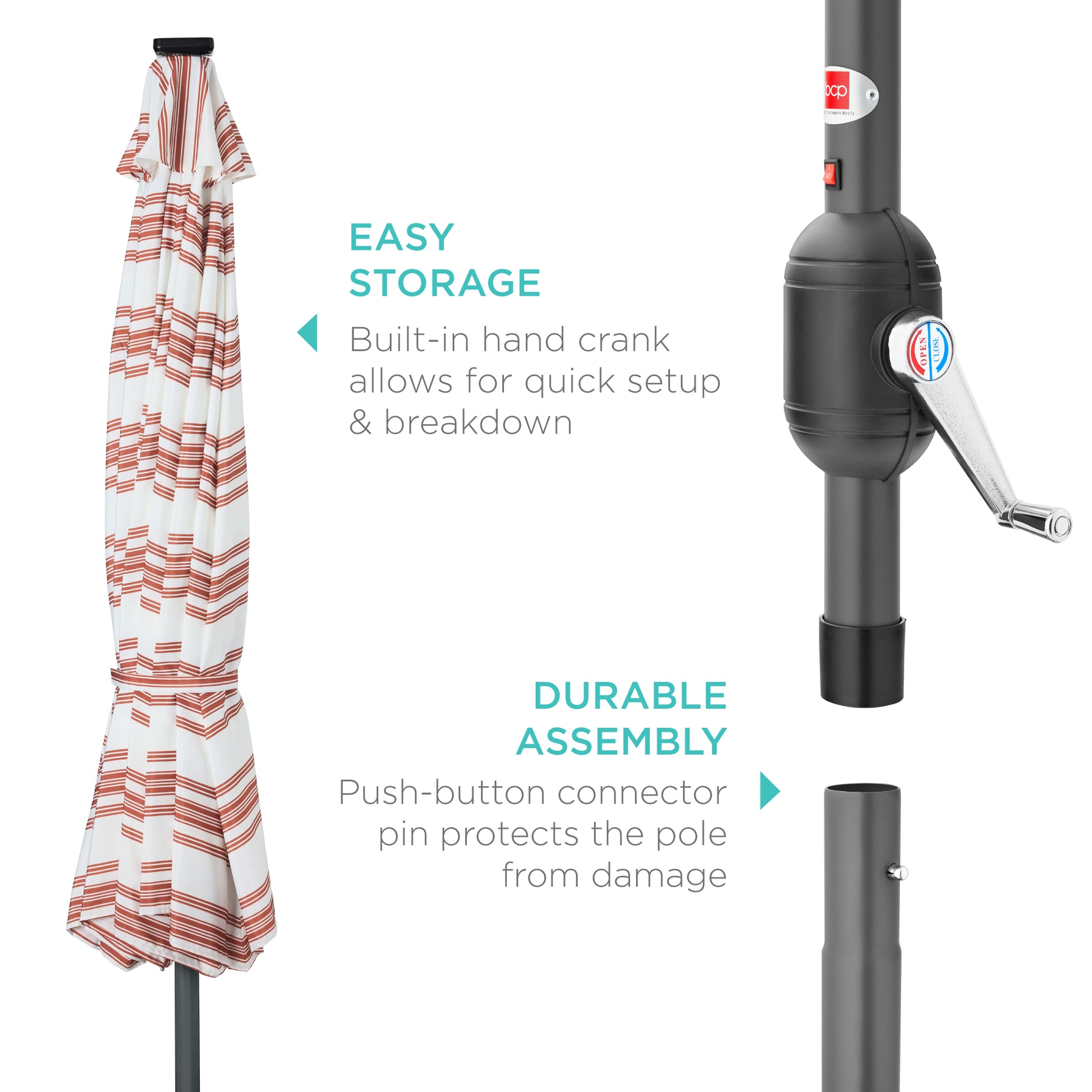 Solar LED Lighted Striped Patio Umbrella w/ Tilt Adjustment - 10ft