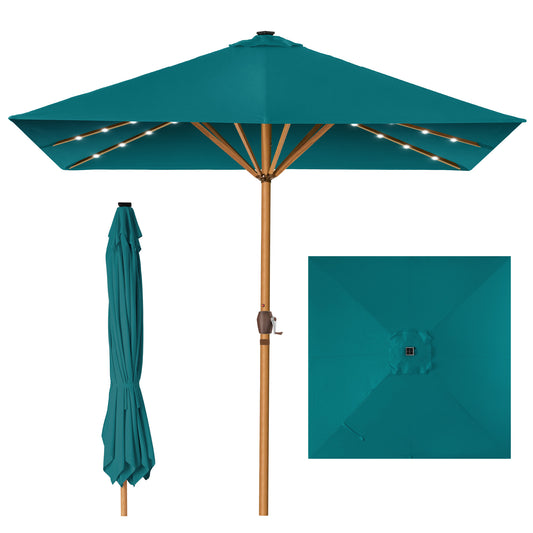 Square Solar LED Lighted Patio Umbrella w/ Faux Wood Texture - 9ft