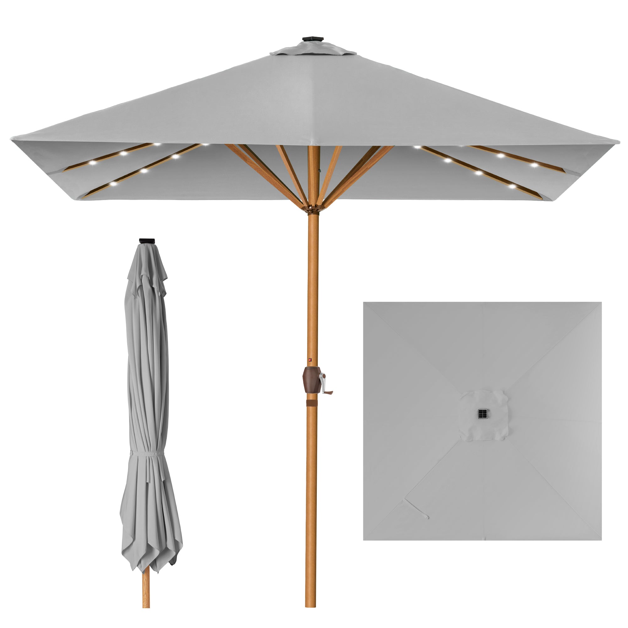 Square Solar LED Lighted Patio Umbrella w/ Woodgrain Pattern - 9ft
