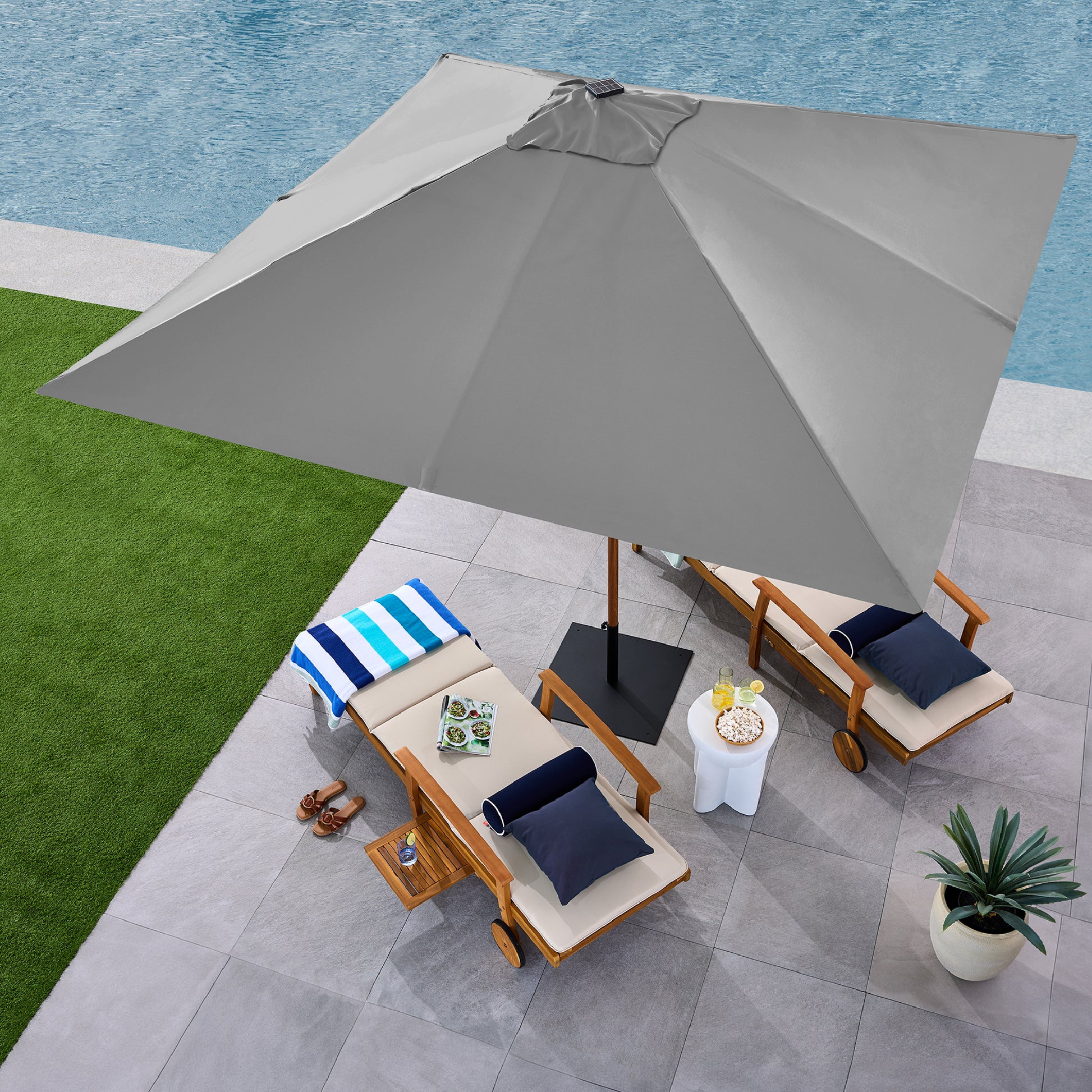 Square Solar LED Lighted Patio Umbrella w/ Woodgrain Pattern - 9ft