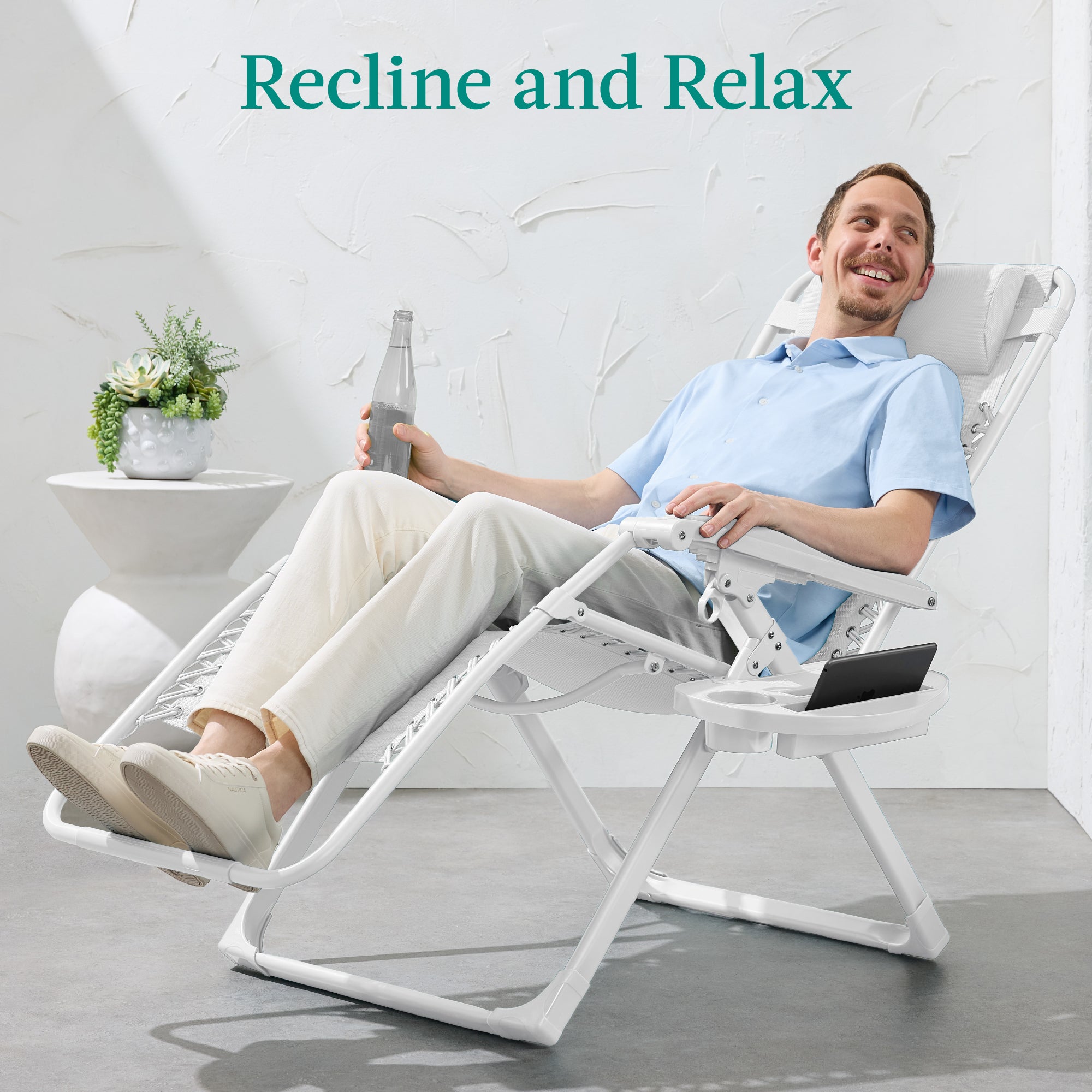 Monochromatic Zero Gravity Patio Chair Recliner w/ Side Tray, Headrest