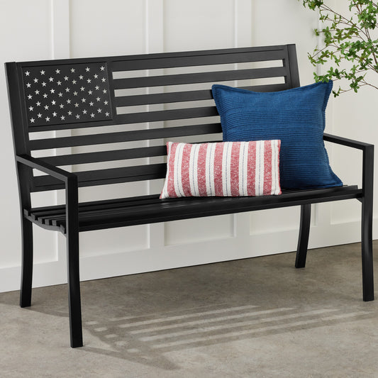 Indoor Outdoor Steel Bench w/ American Flag Backrest, 790lb Capacity