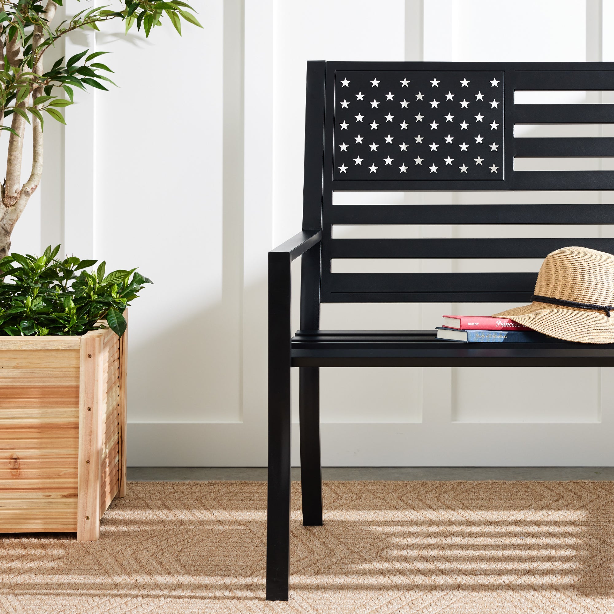 Indoor Outdoor Steel Bench w/ American Flag Backrest, 790lb Capacity