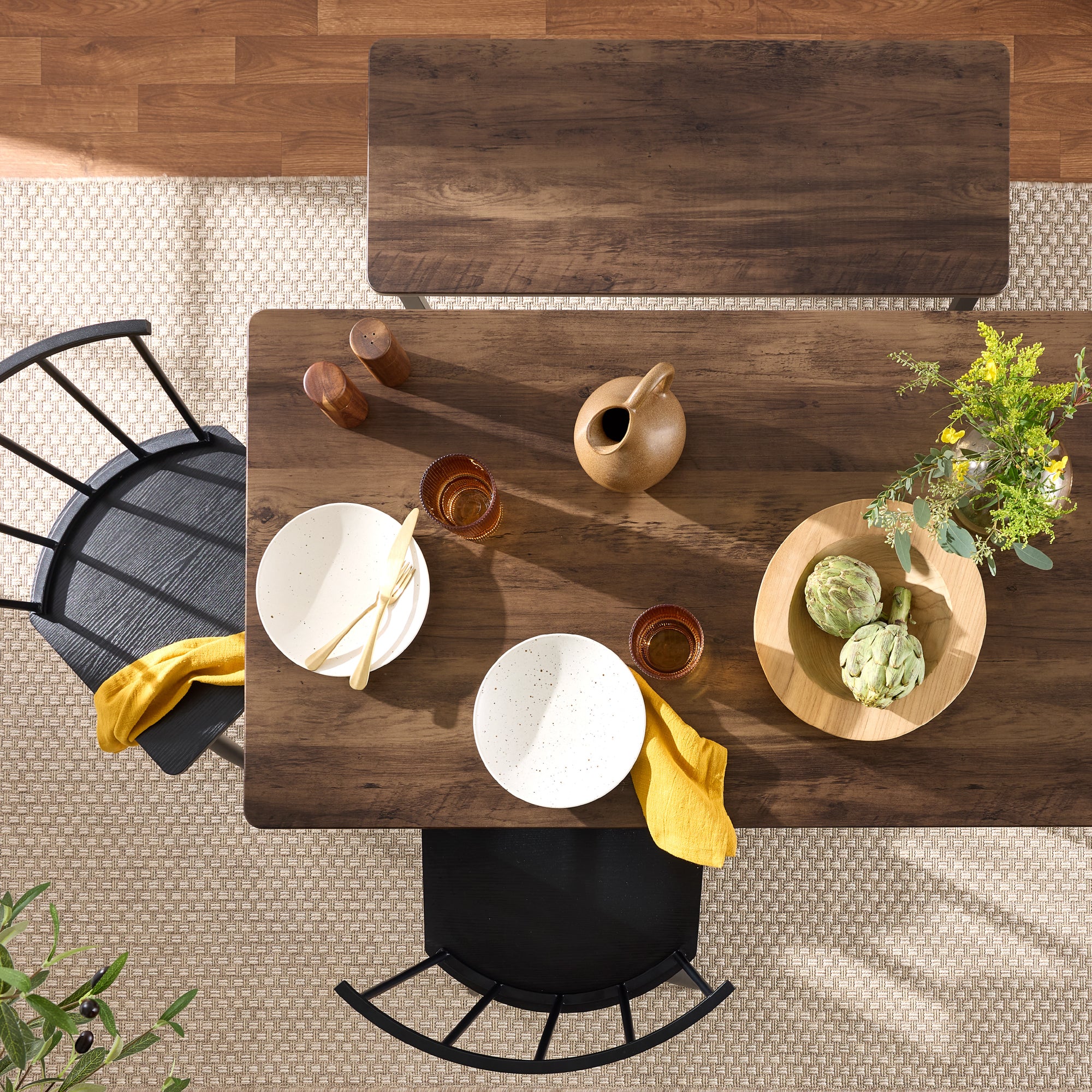 4-Piece Farmhouse Dining Table Set w/ 2 Black Spindle Chairs, Bench, Table - Thumbnail 5