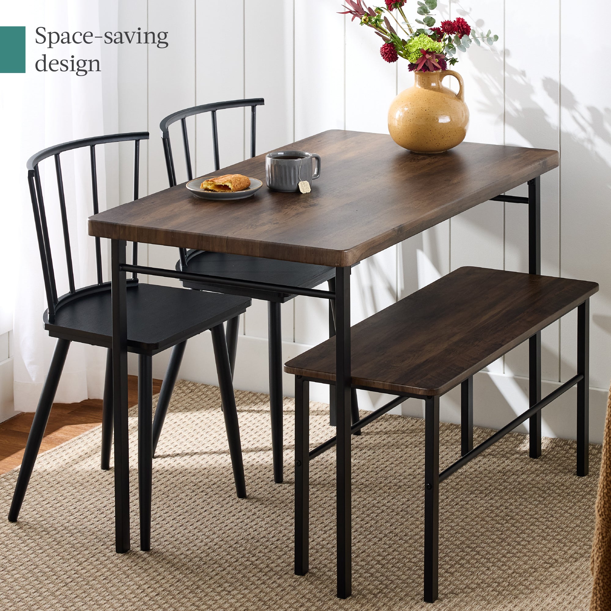4-Piece Farmhouse Dining Table Set w/ 2 Black Spindle Chairs, Bench, Table - Thumbnail 3