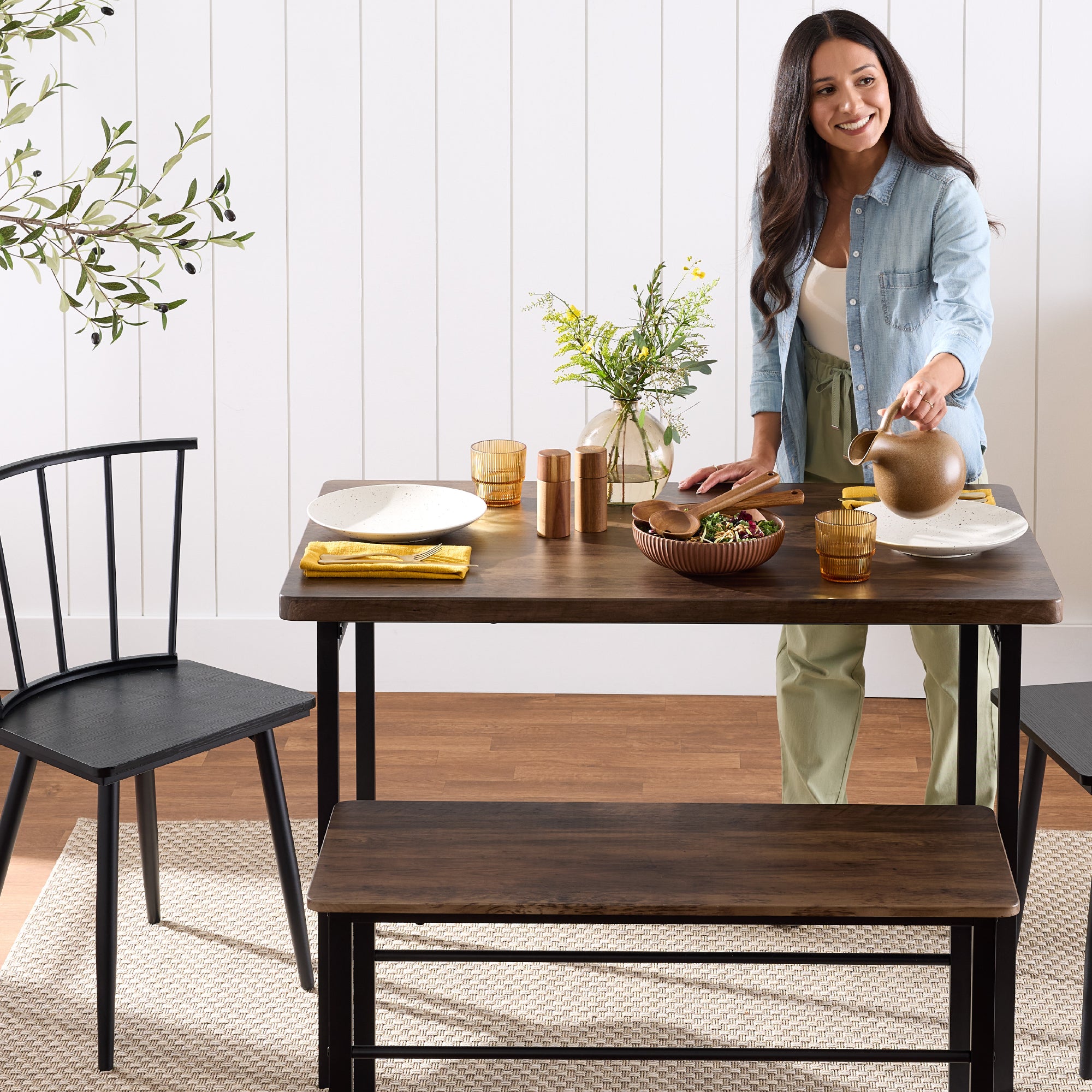 4-Piece Farmhouse Dining Table Set w/ 2 Black Spindle Chairs, Bench, Table - Thumbnail 2