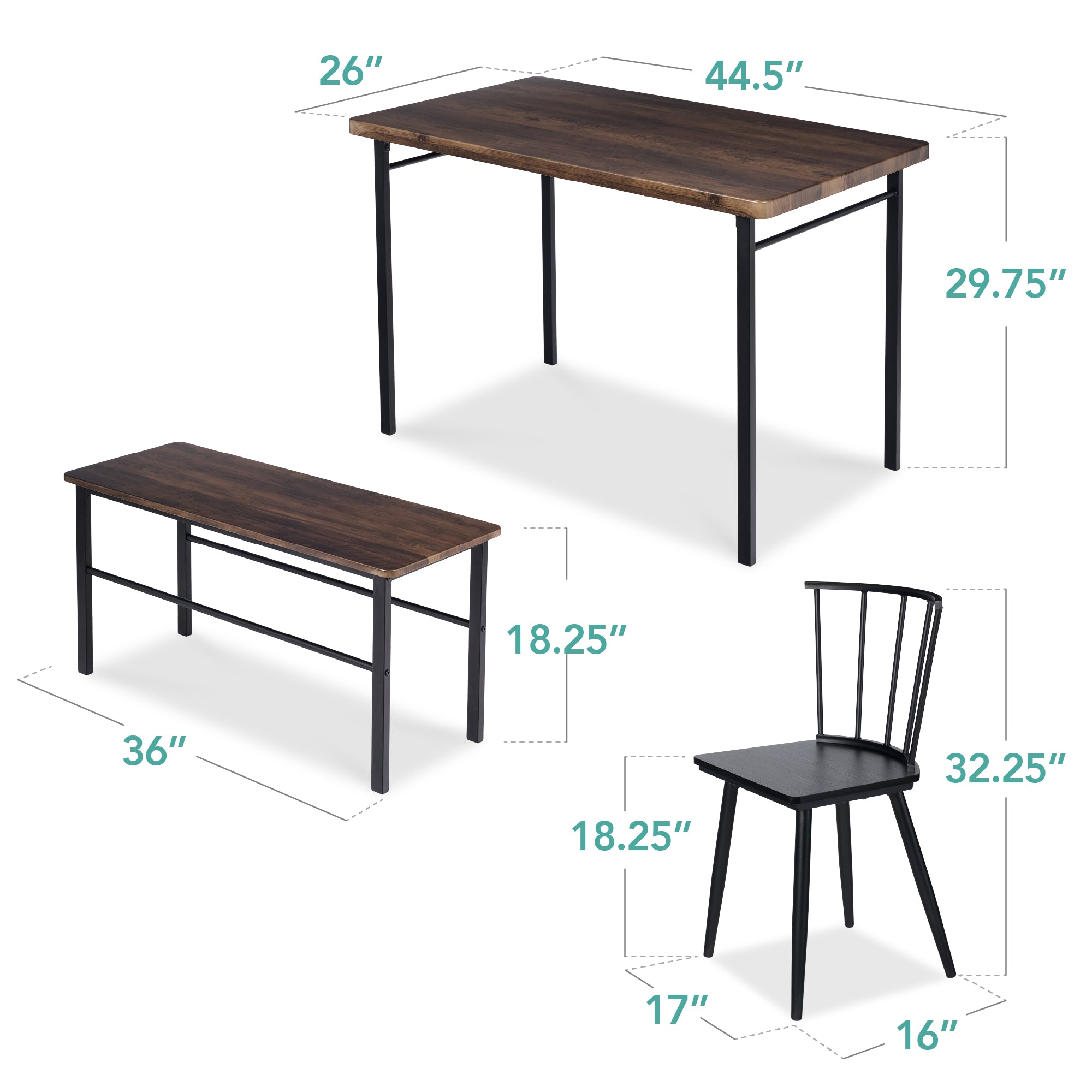 4-Piece Farmhouse Dining Table Set w/ 2 Black Spindle Chairs, Bench, Table - Thumbnail 4