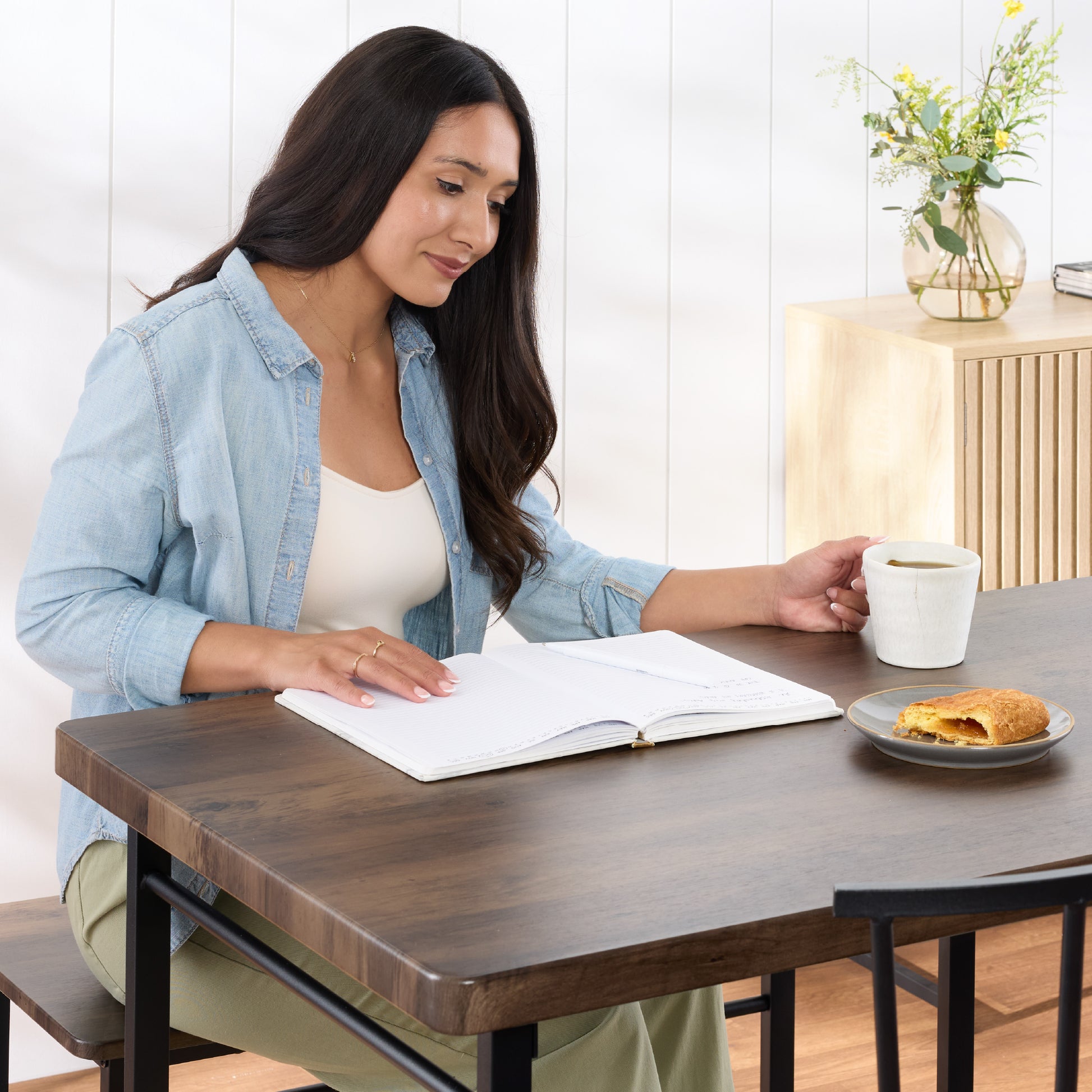 4-Piece Farmhouse Dining Table Set w/ 2 Black Spindle Chairs, Bench, Table