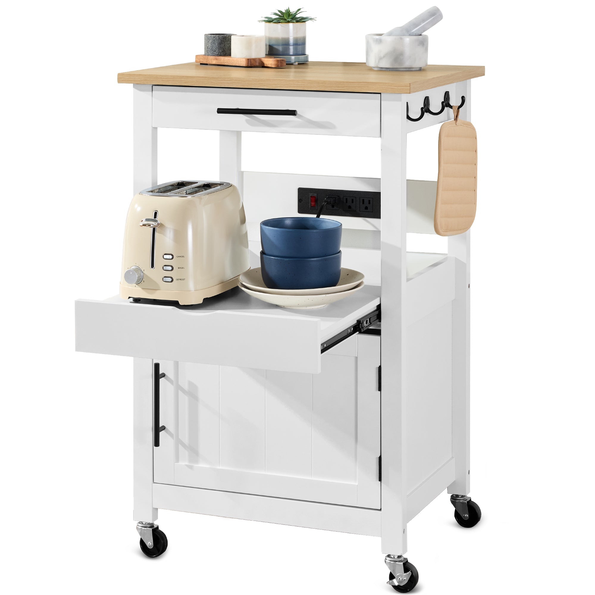 Rolling Kitchen Island Cart, Cabinet W/ Drawer, Sliding Tray, Outlet, Wheels