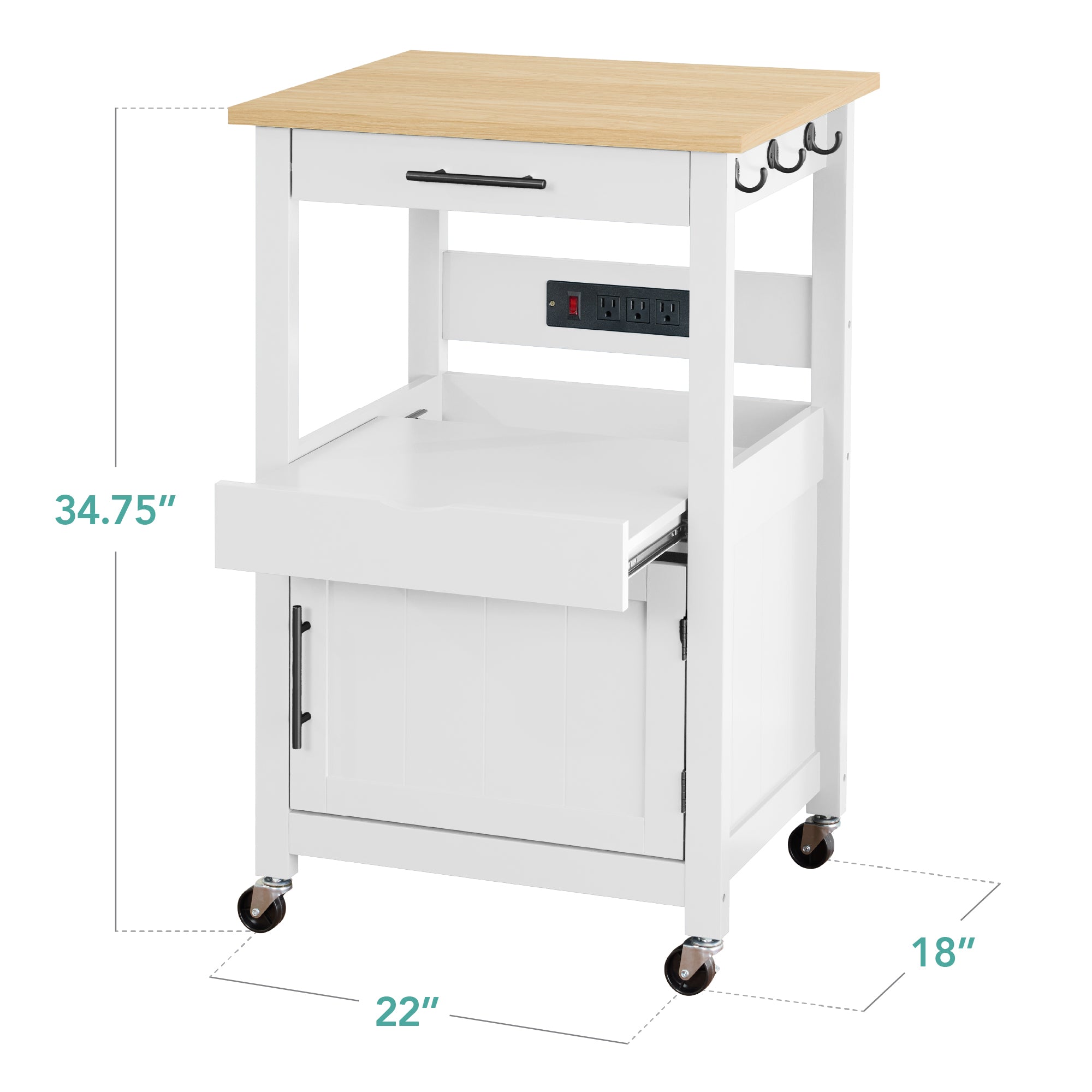 Rolling Kitchen Island Cart, Cabinet W/ Drawer, Sliding Tray, Outlet, Wheels